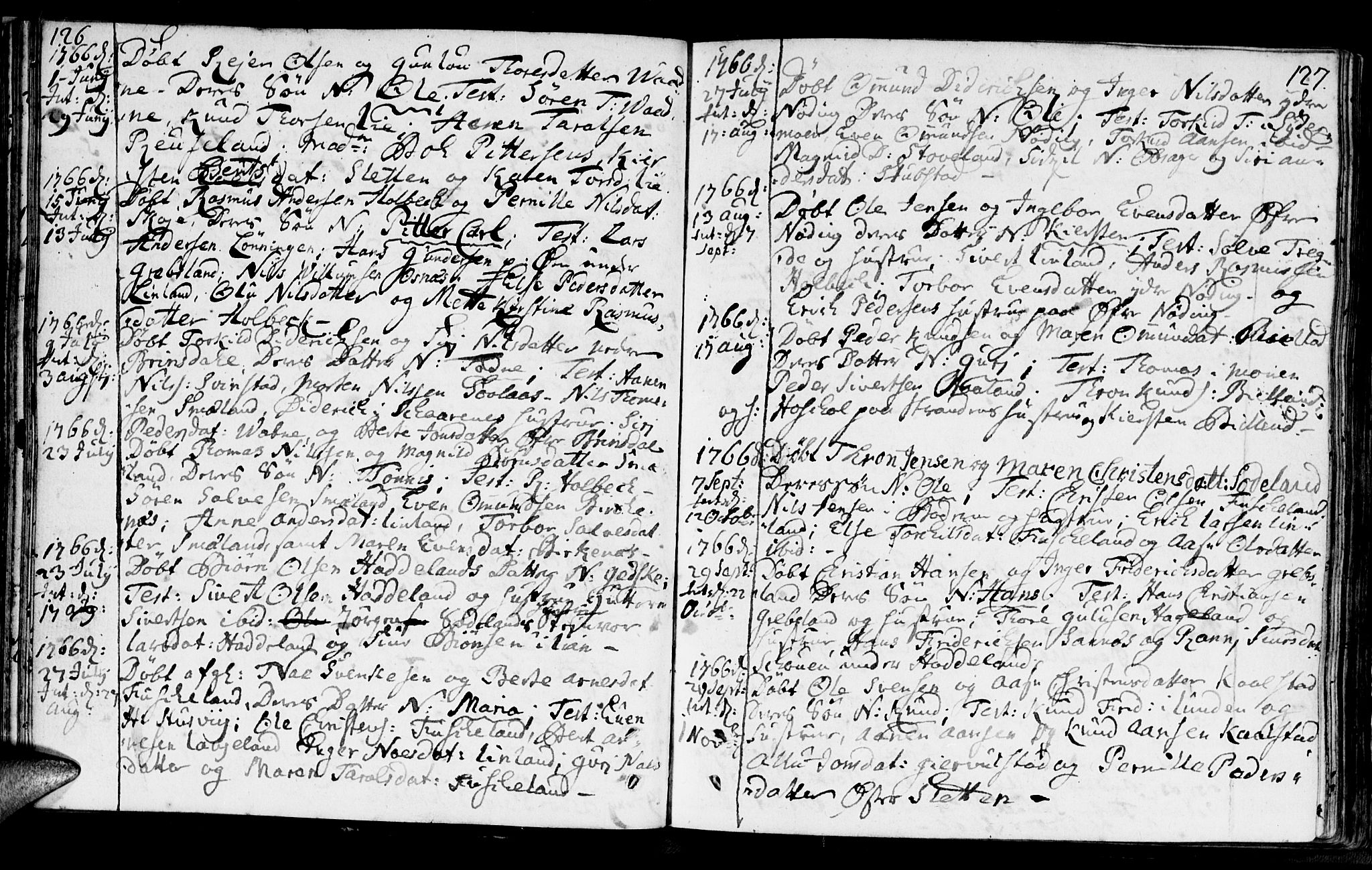 Holum sokneprestkontor, AV/SAK-1111-0022/F/Fa/Faa/L0002: Parish register (official) no. A 2, 1756-1780, p. 126-127