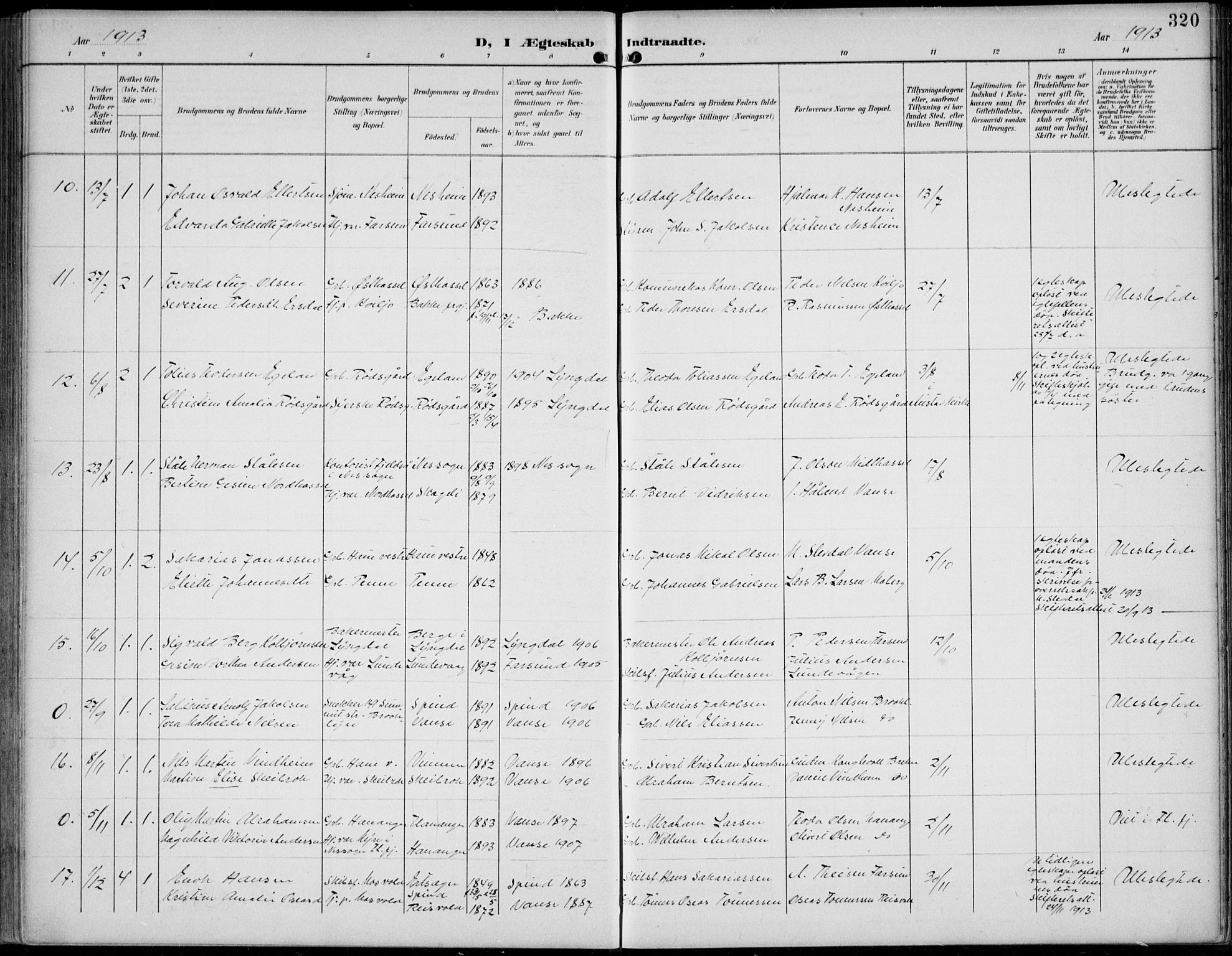 Lista sokneprestkontor, SAK/1111-0027/F/Fb/L0005: Parish register (copy) no. B 5, 1892-1923, p. 320