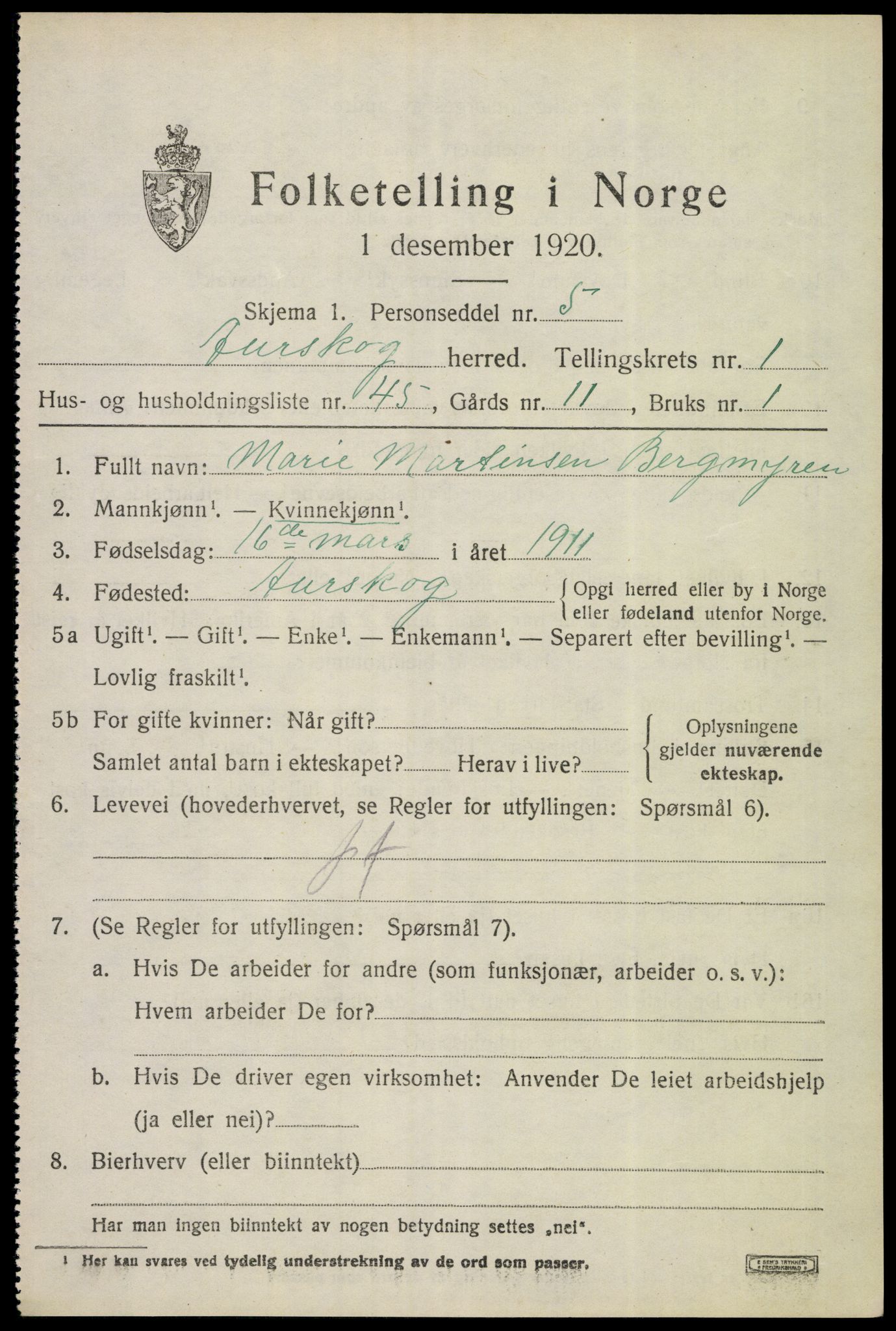 SAO, 1920 census for Aurskog, 1920, p. 1672