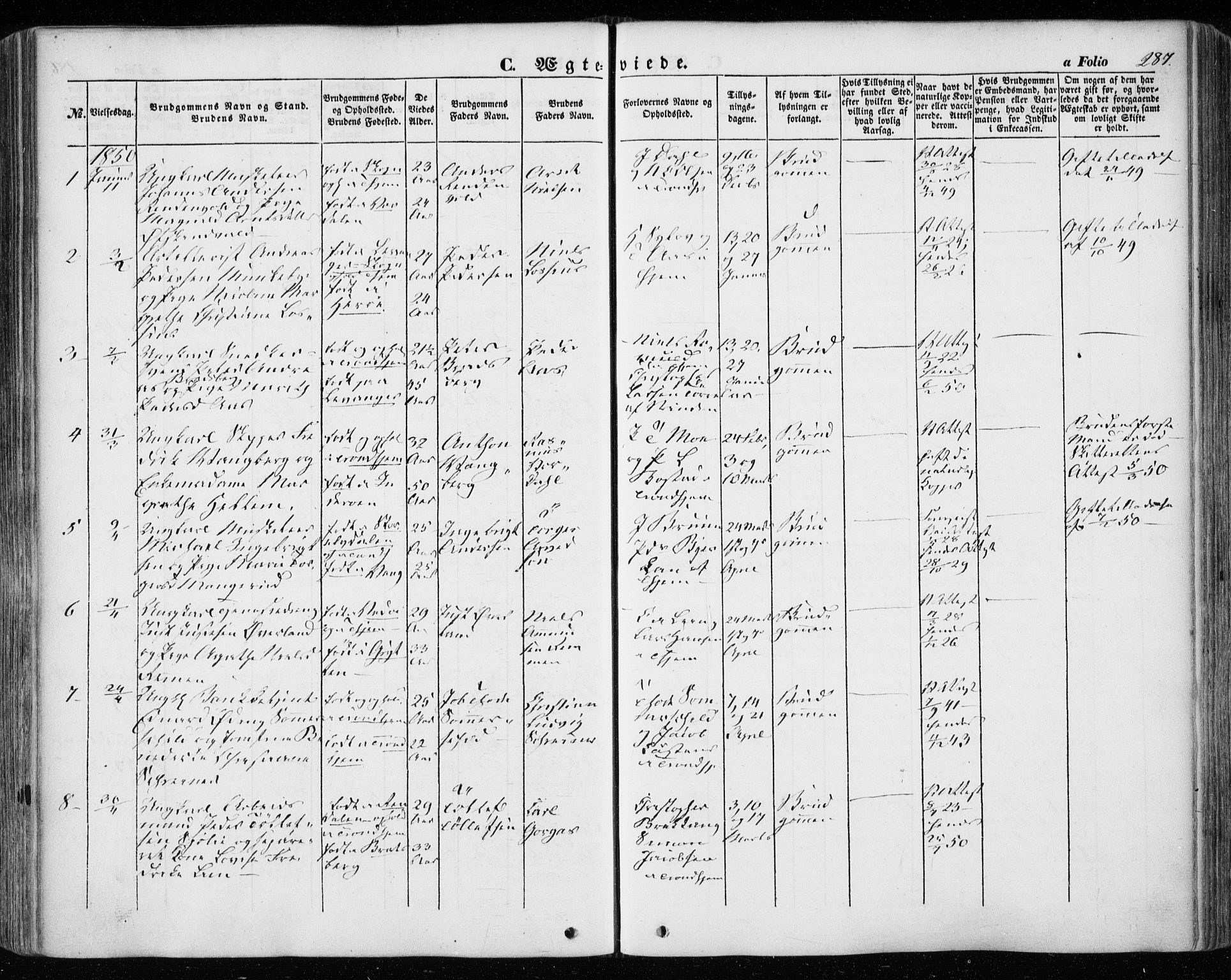 Ministerialprotokoller, klokkerbøker og fødselsregistre - Sør-Trøndelag, SAT/A-1456/601/L0051: Parish register (official) no. 601A19, 1848-1857, p. 287