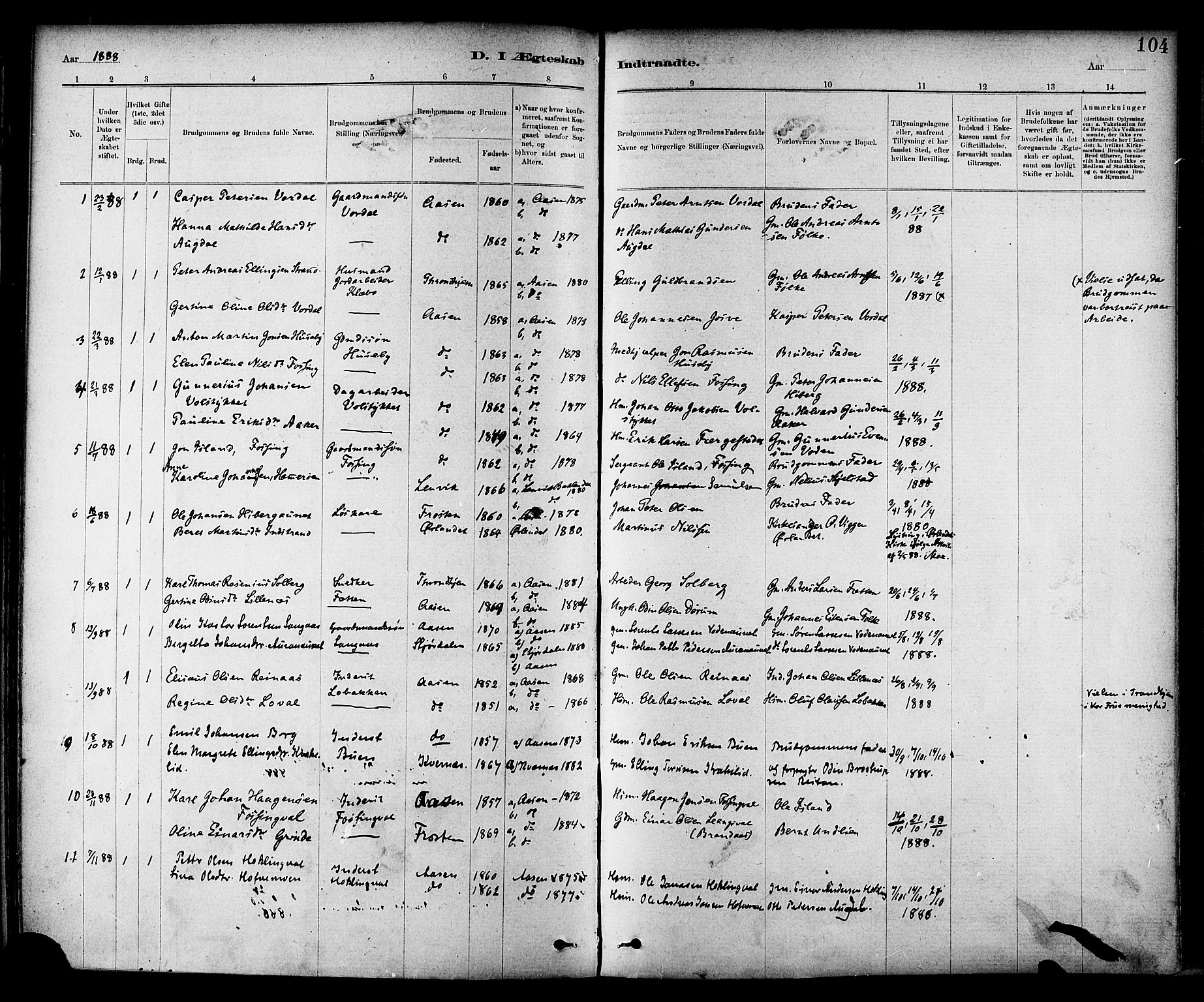 Ministerialprotokoller, klokkerbøker og fødselsregistre - Nord-Trøndelag, SAT/A-1458/714/L0130: Parish register (official) no. 714A01, 1878-1895, p. 104
