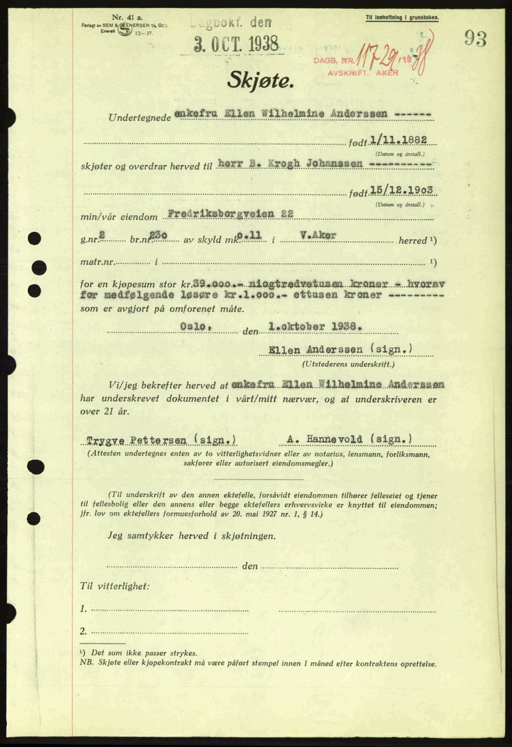 Aker herredsskriveri, SAO/A-10896/G/Gb/Gba/Gbab/L0025: Mortgage book no. A154-155, 1938-1938, Diary no: : 11729/1938
