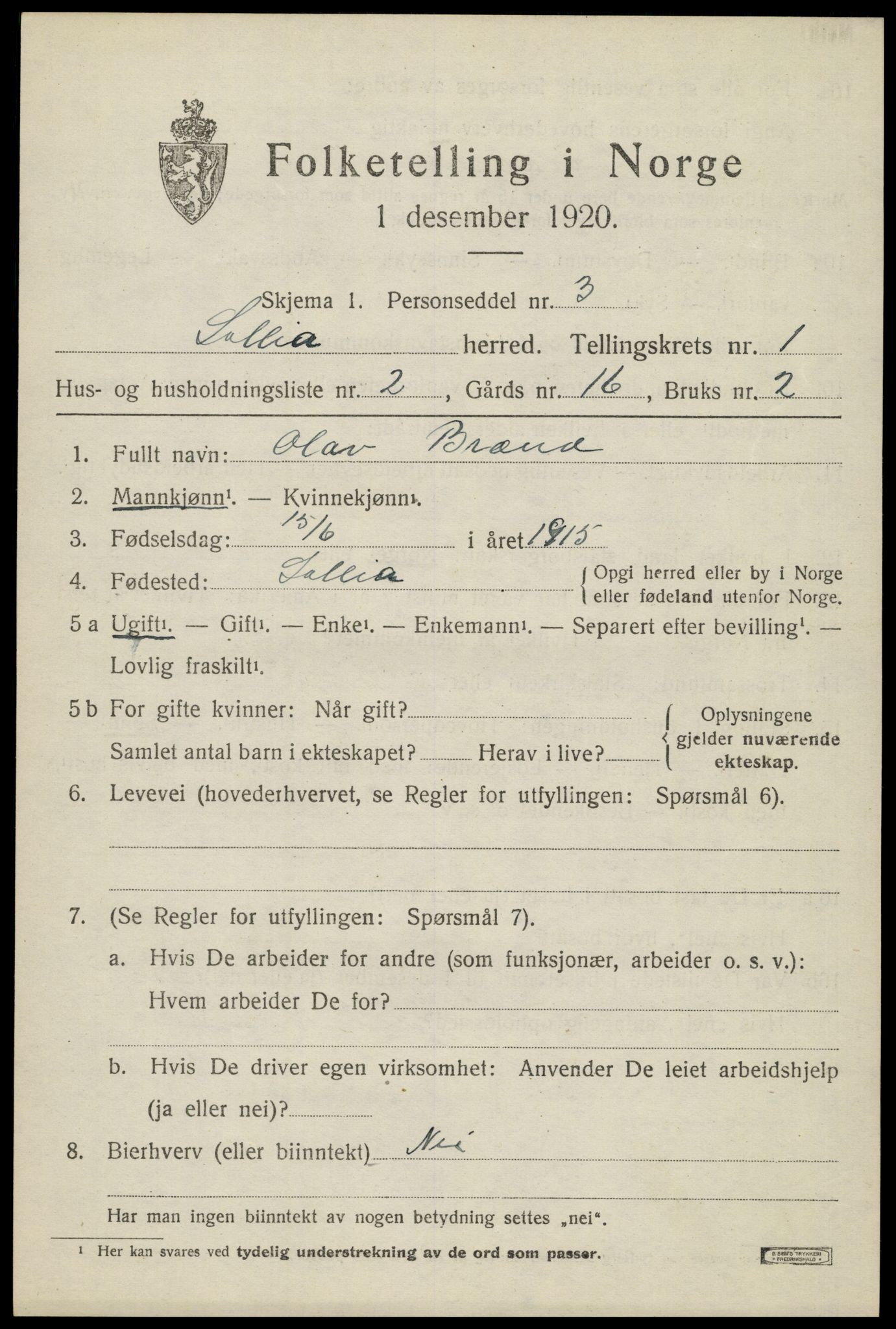 SAH, 1920 census for Sollia, 1920, p. 207