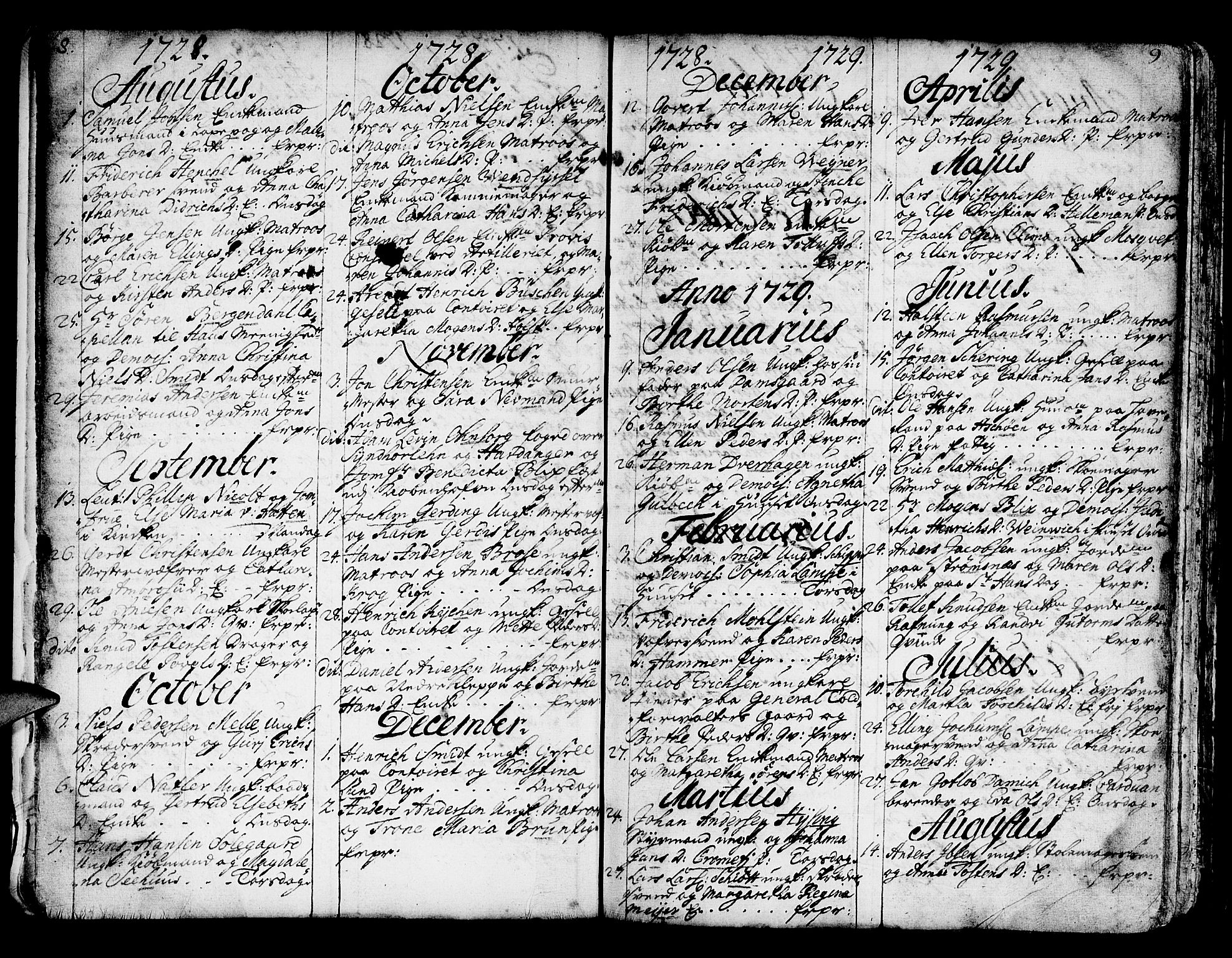 Domkirken sokneprestembete, SAB/A-74801/H/Haa/L0007: Parish register (official) no. A 7, 1725-1826, p. 8-9