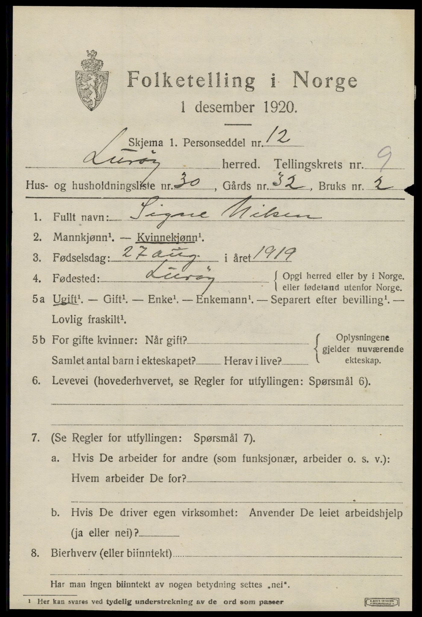 SAT, 1920 census for Lurøy, 1920, p. 4421