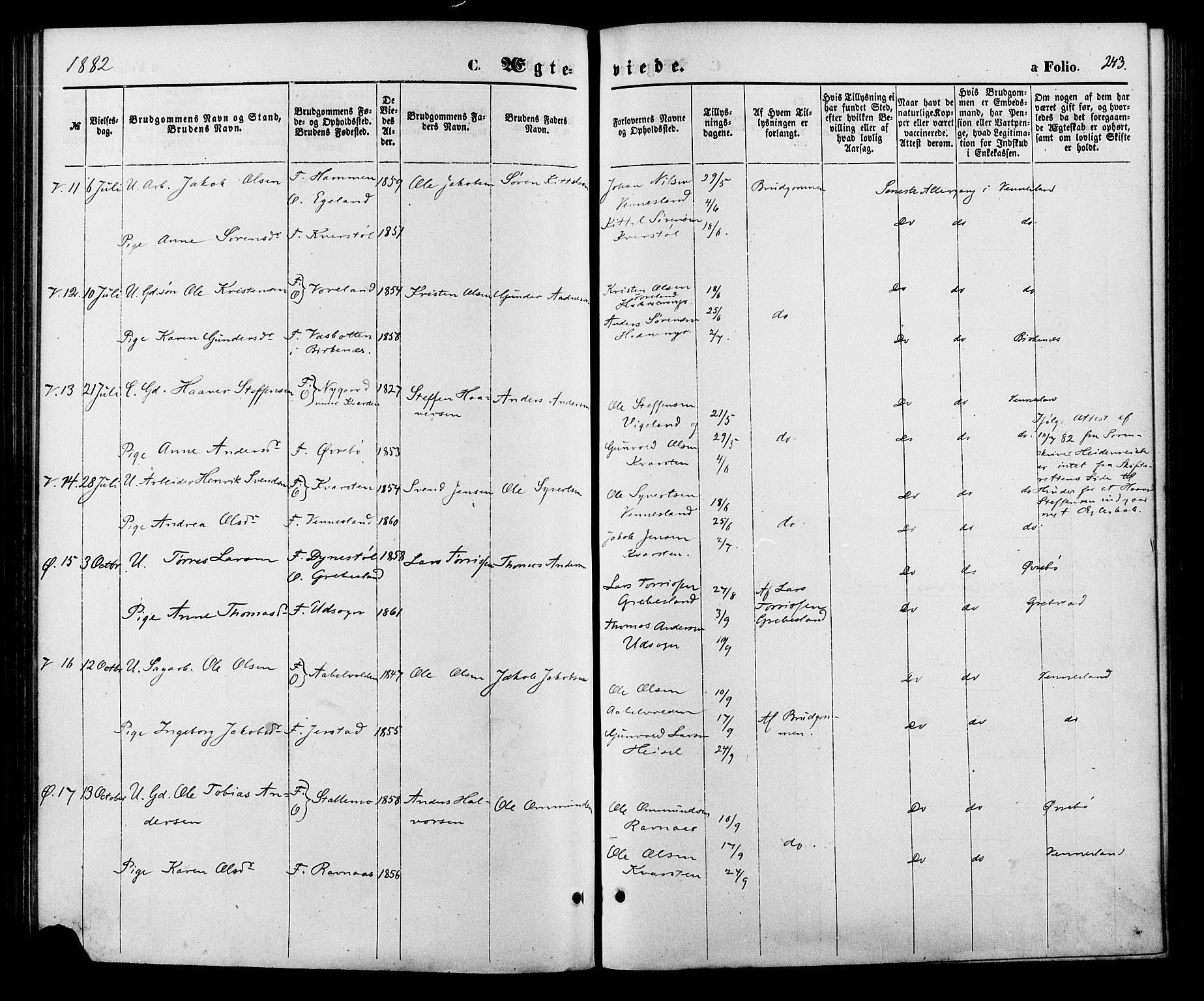 Vennesla sokneprestkontor, AV/SAK-1111-0045/Fa/Fac/L0008: Parish register (official) no. A 8, 1874-1883, p. 243