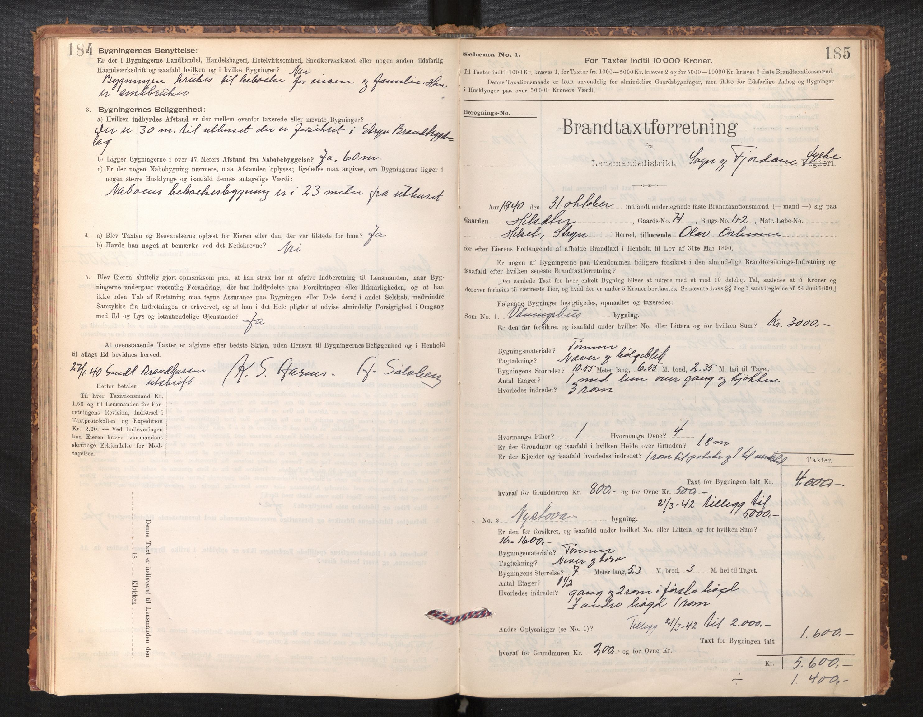 Lensmannen i Stryn og Innvik, SAB/A-30201/0012/L0002: Branntakstprotokoll, skjematakst, 1894-1942, p. 184-185