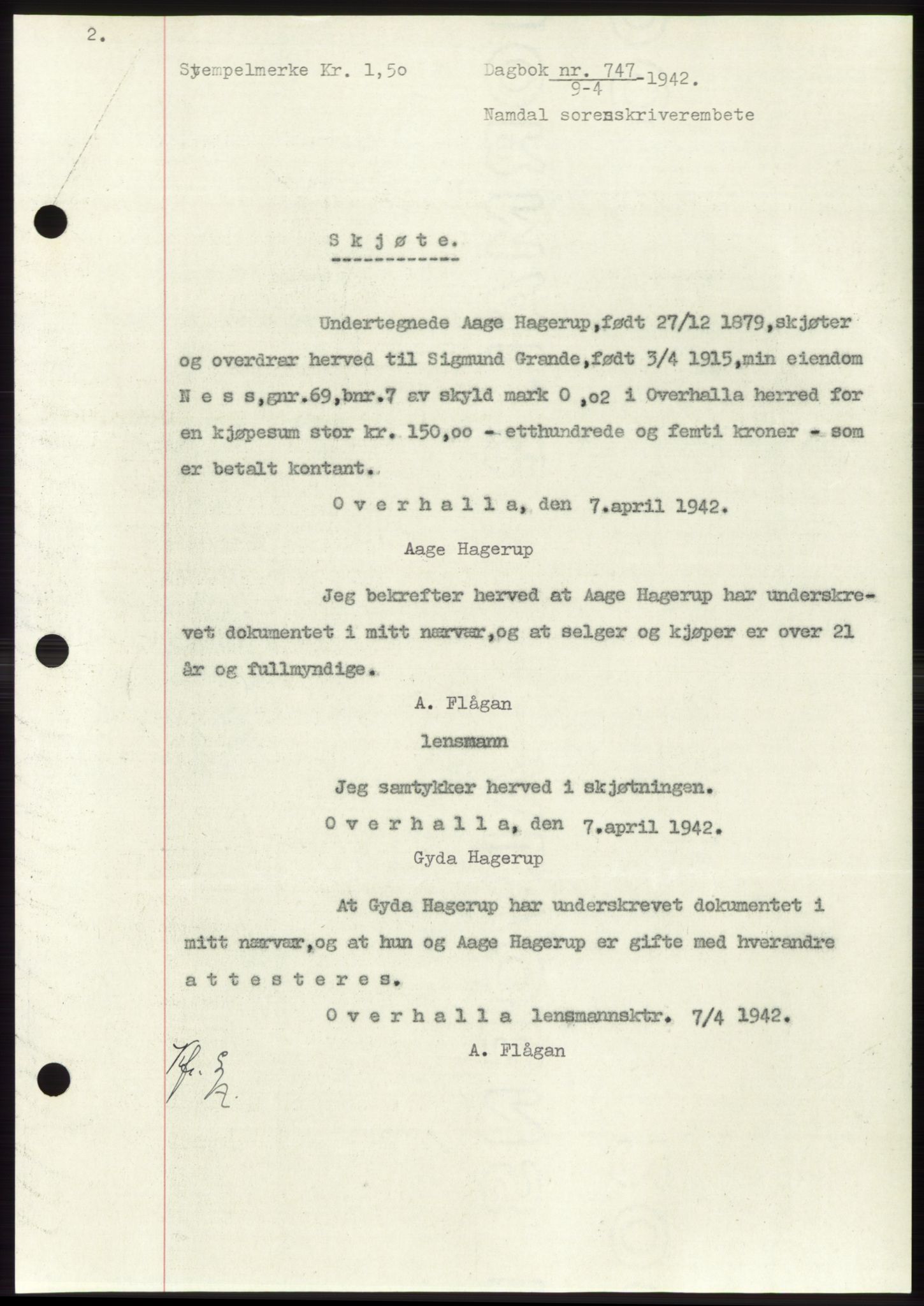 Namdal sorenskriveri, AV/SAT-A-4133/1/2/2C: Mortgage book no. -, 1941-1942, Diary no: : 747/1942