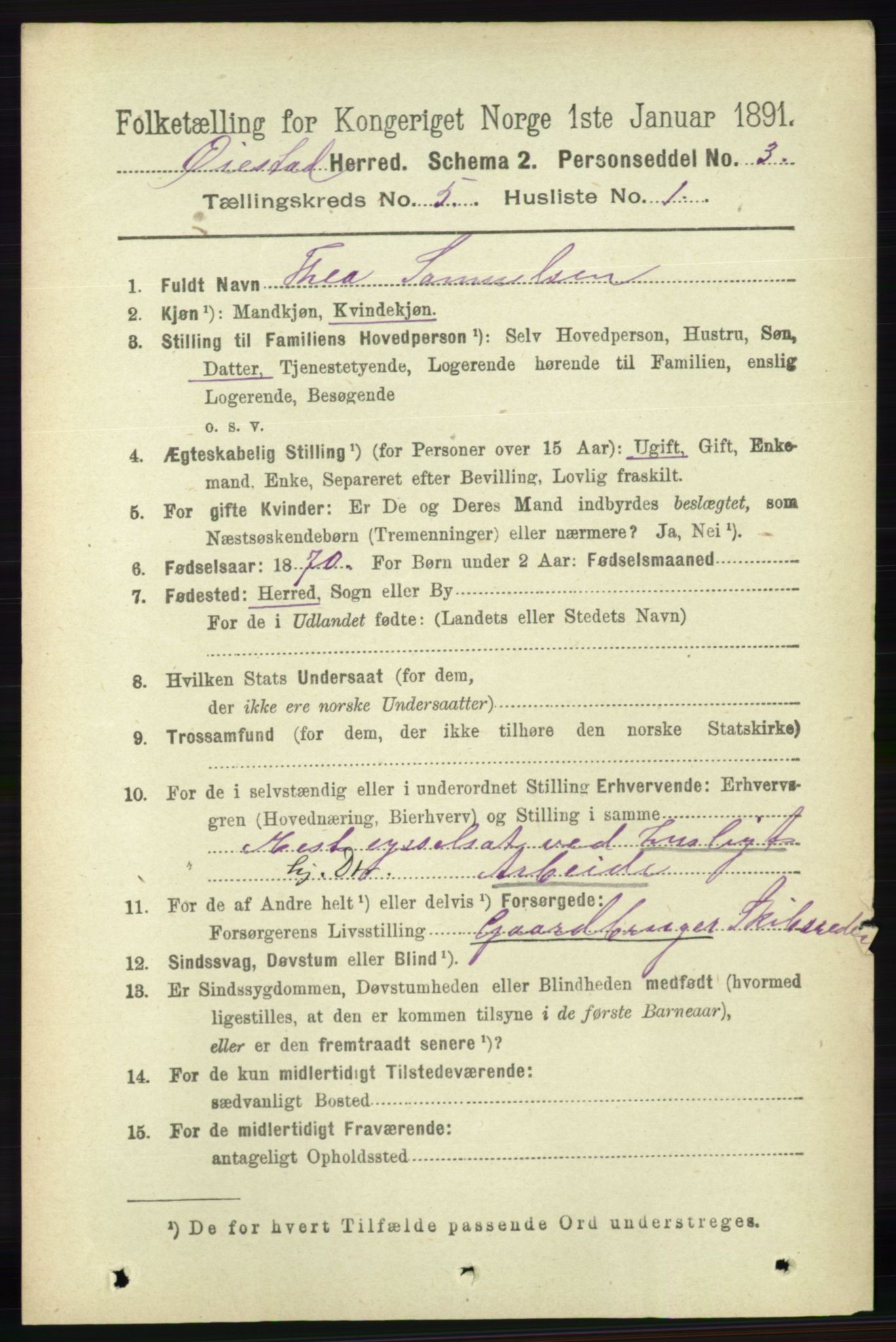 RA, 1891 census for 0920 Øyestad, 1891, p. 1812