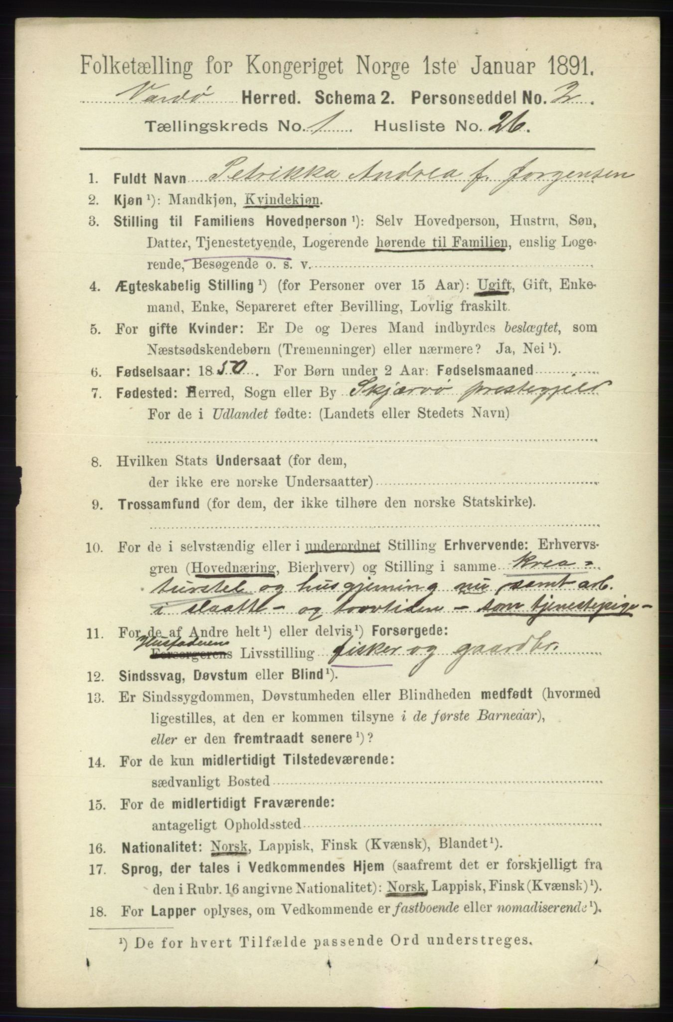RA, 1891 census for 2028 Vardø, 1891, p. 197