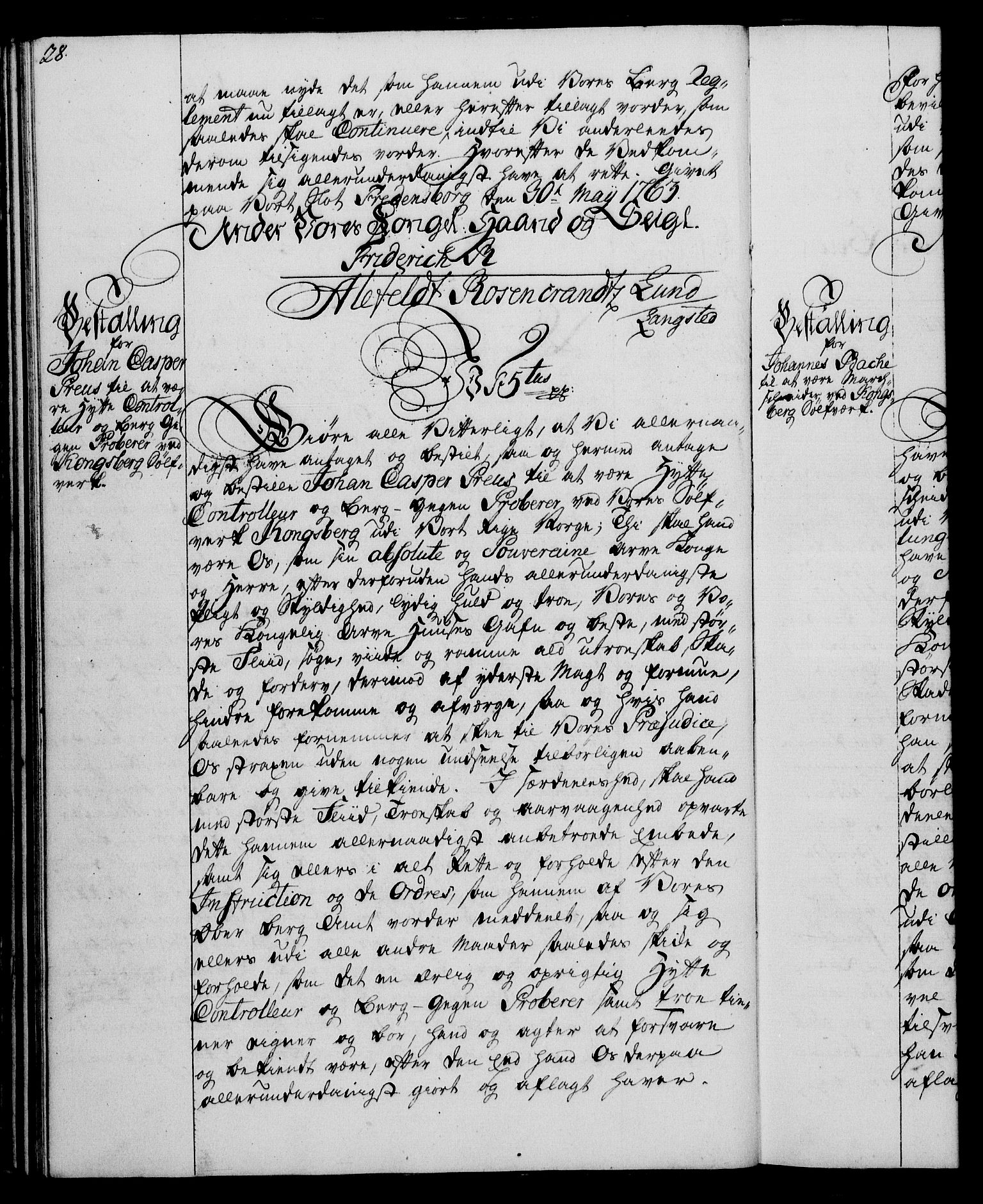 Rentekammeret, Kammerkanselliet, RA/EA-3111/G/Gg/Gge/L0004: Norsk bestallingsprotokoll med register (merket RK 53.28), 1762-1771, p. 28
