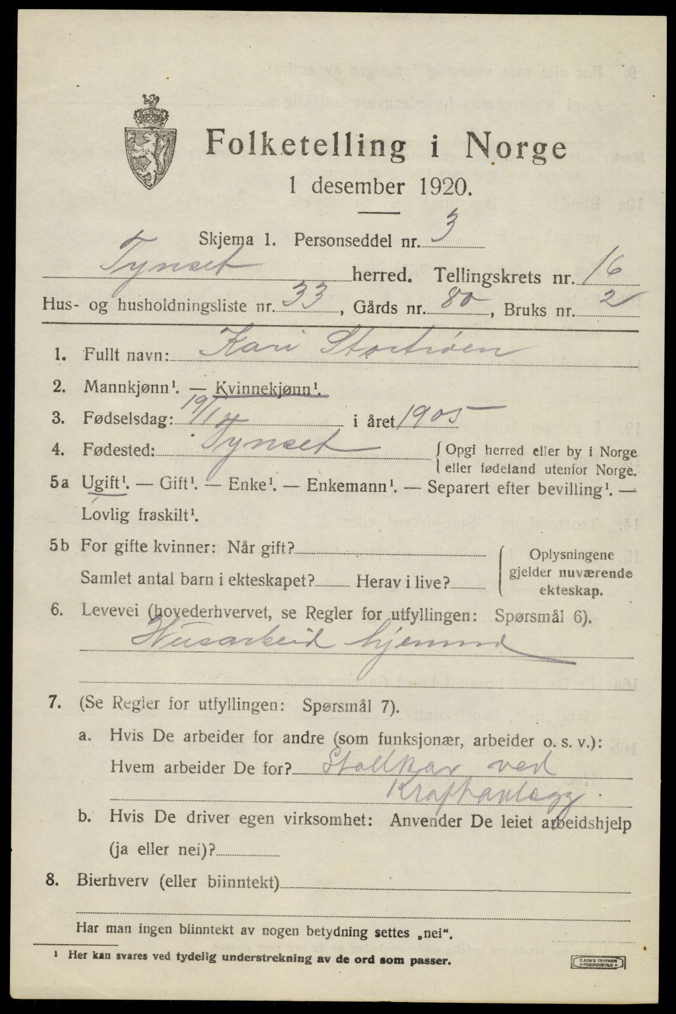SAH, 1920 census for Tynset, 1920, p. 10048