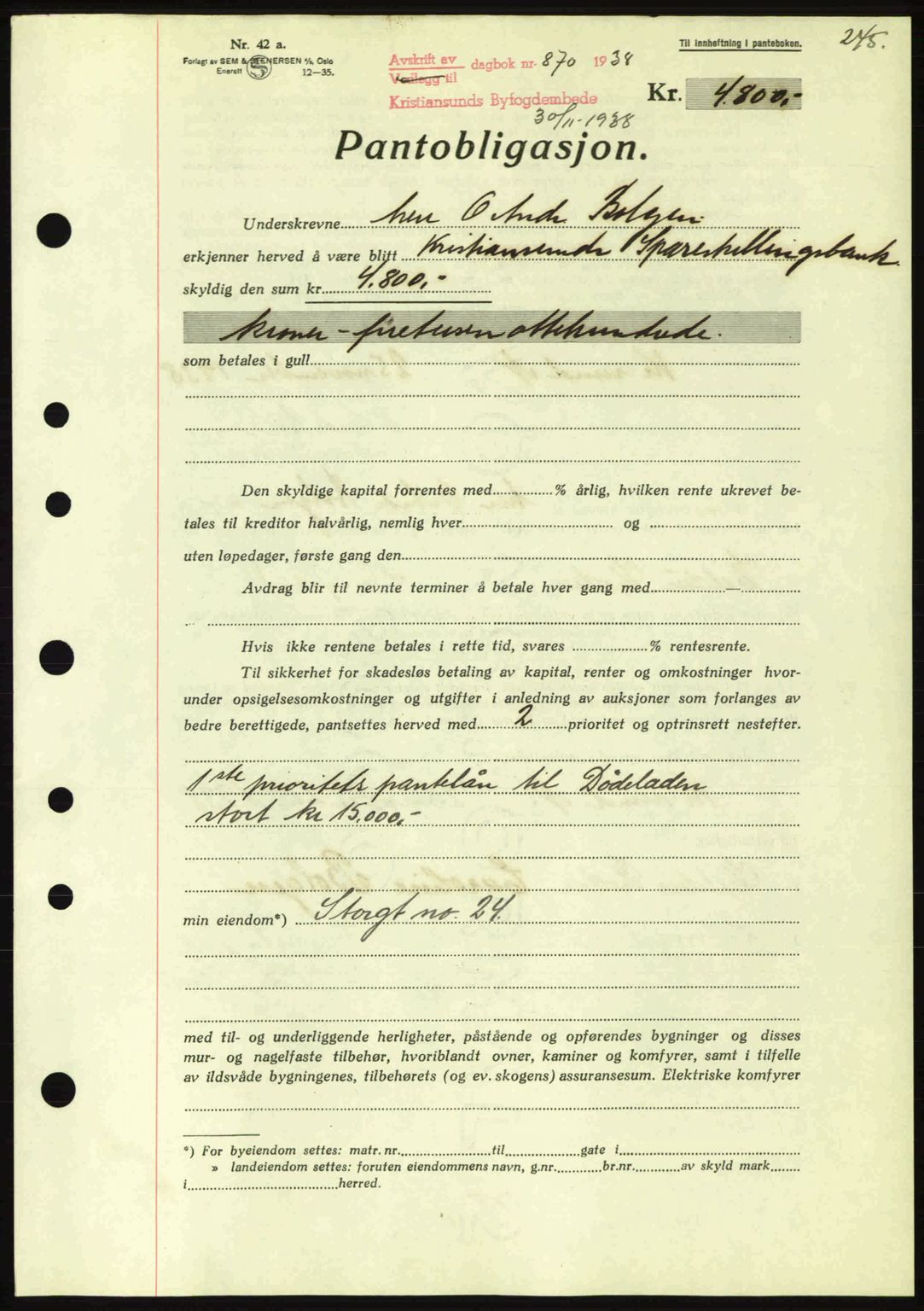 Kristiansund byfogd, SAT/A-4587/A/27: Mortgage book no. 31, 1938-1939, Diary no: : 870/1938