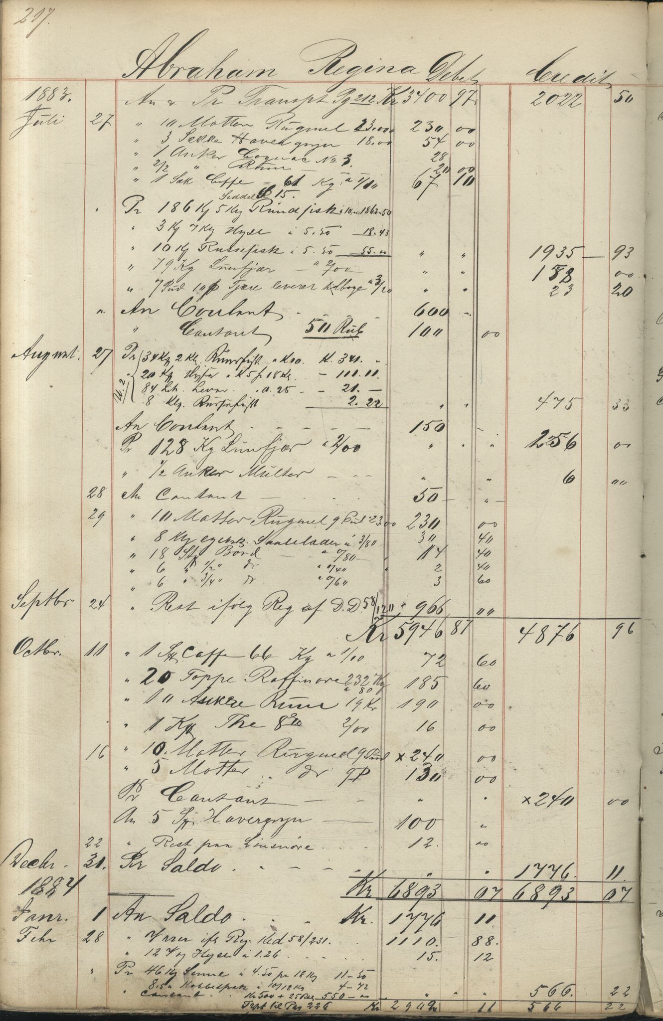 Brodtkorb handel A/S, VAMU/A-0001/F/Fc/L0001/0001: Konto for kvener og nordmenn på Kolahalvøya  / Conto for Kvæner og Nordmænd paa Russefinmarken No 1, 1868-1894, p. 217