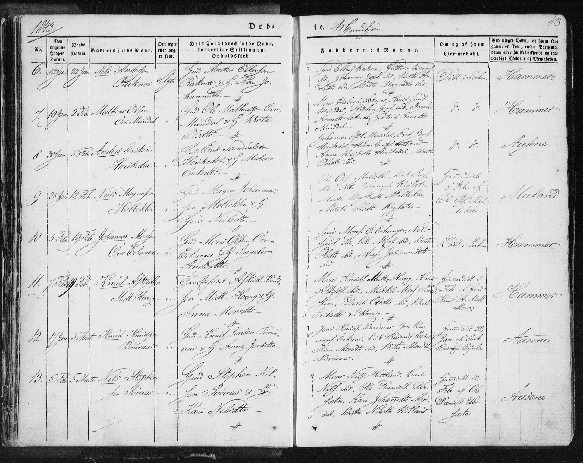 Hamre sokneprestembete, AV/SAB-A-75501/H/Ha/Haa/Haaa/L0012: Parish register (official) no. A 12, 1834-1845, p. 43