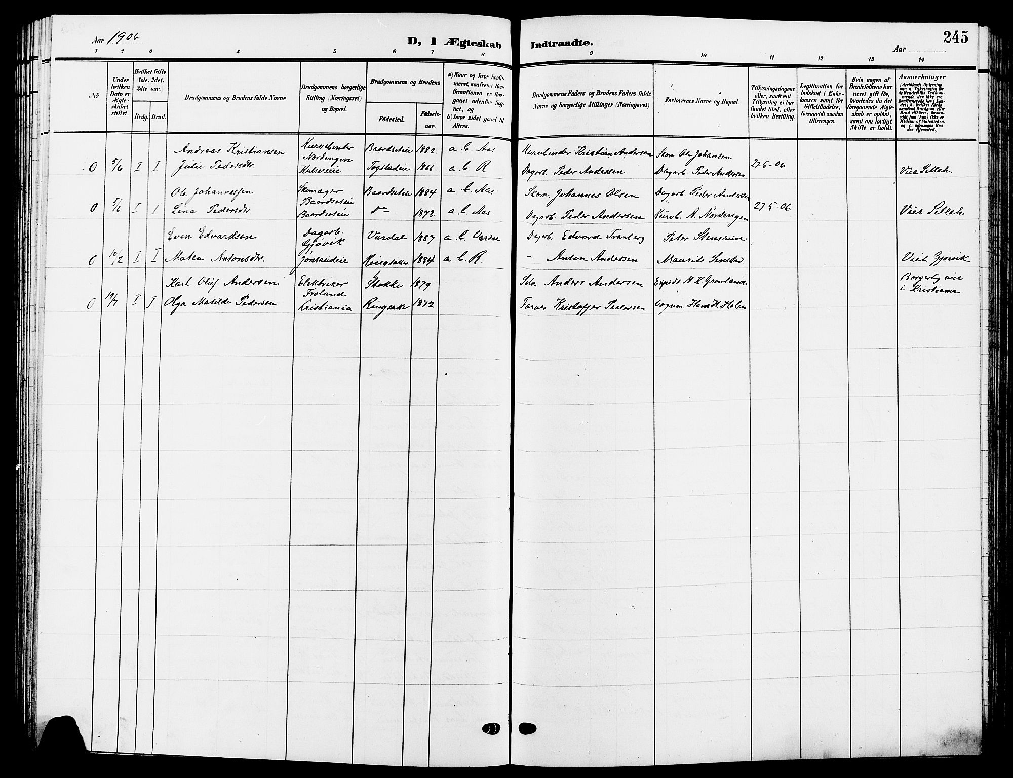 Ringsaker prestekontor, AV/SAH-PREST-014/L/La/L0015: Parish register (copy) no. 15, 1903-1912, p. 245