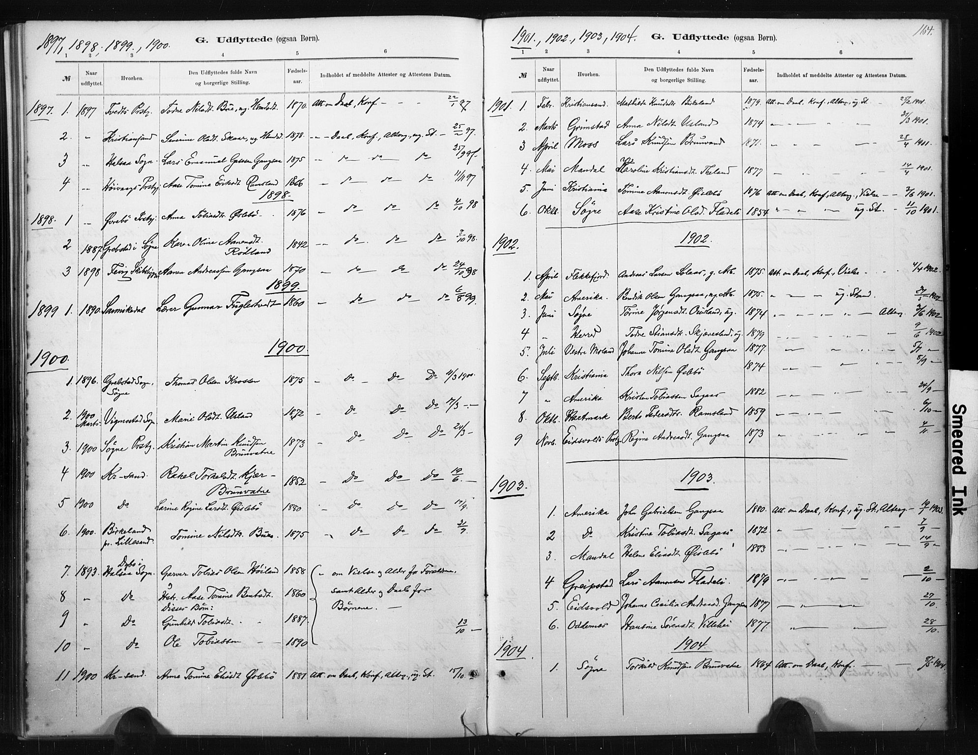 Holum sokneprestkontor, AV/SAK-1111-0022/F/Fa/Fac/L0004: Parish register (official) no. A 4, 1884-1907, p. 164