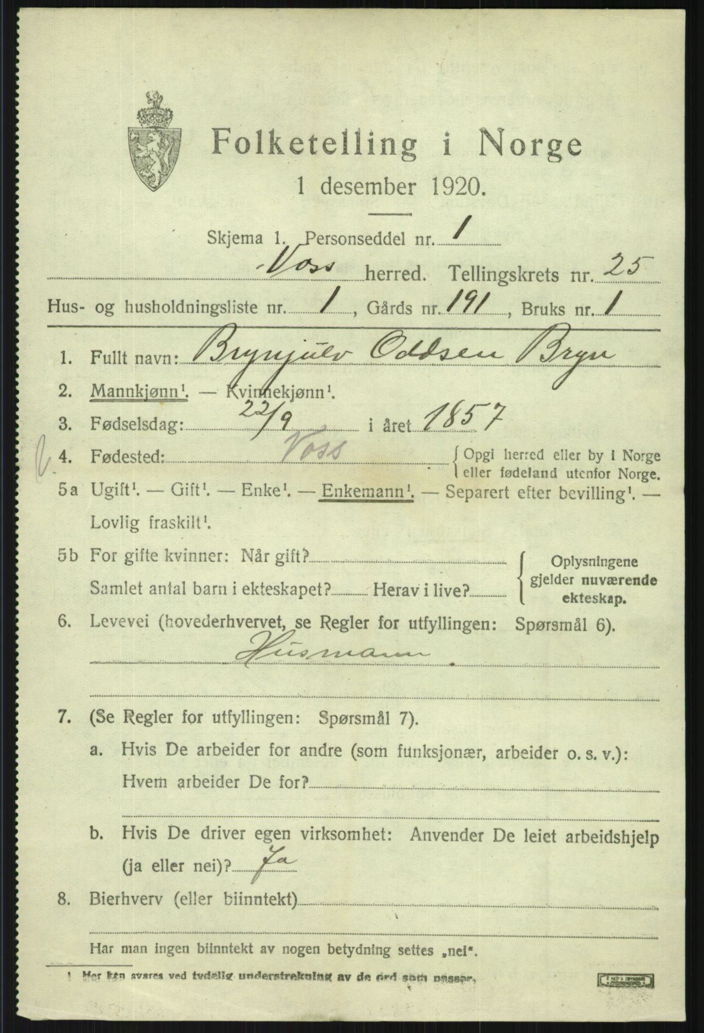 SAB, 1920 census for Voss, 1920, p. 16677