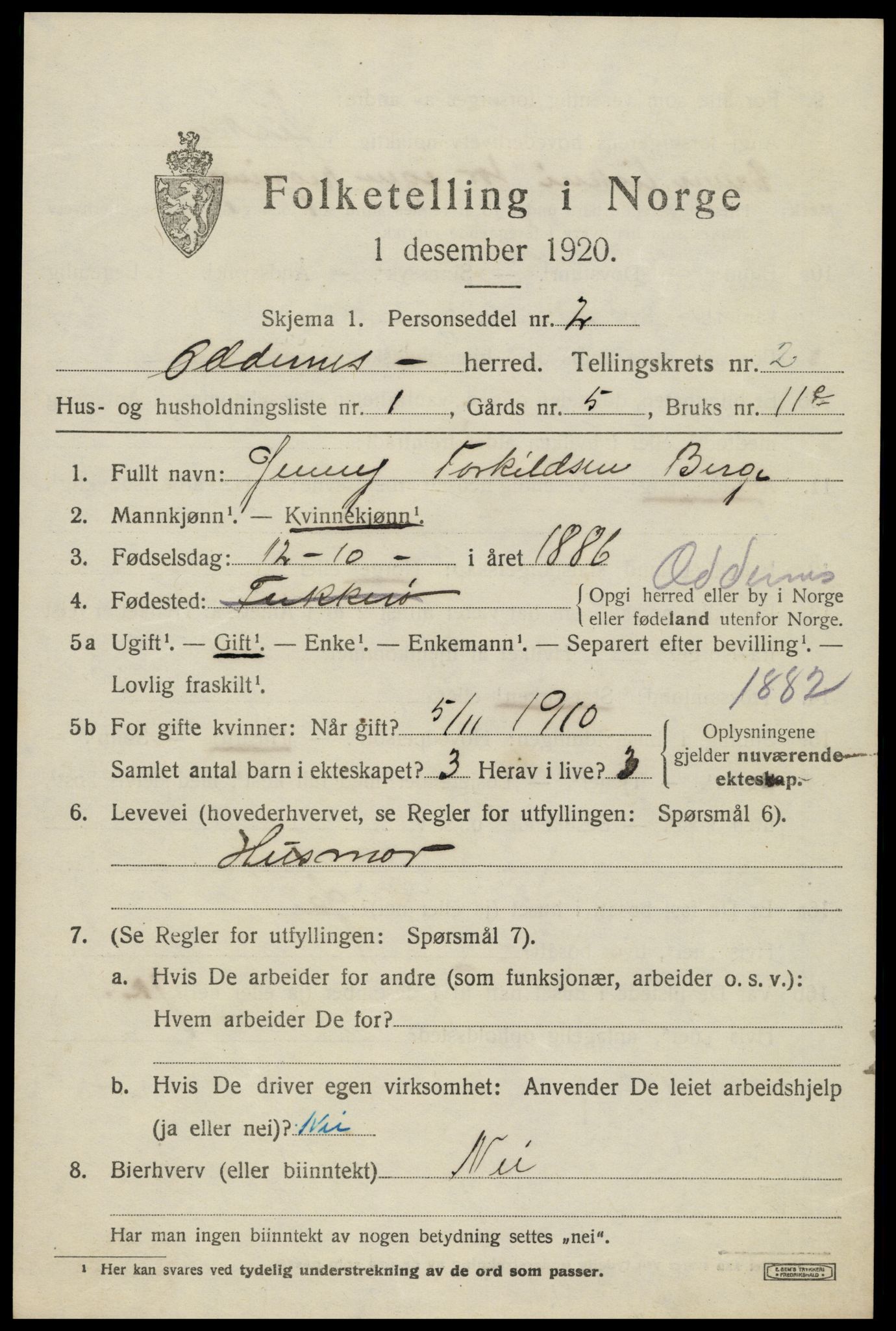 SAK, 1920 census for Oddernes, 1920, p. 2823