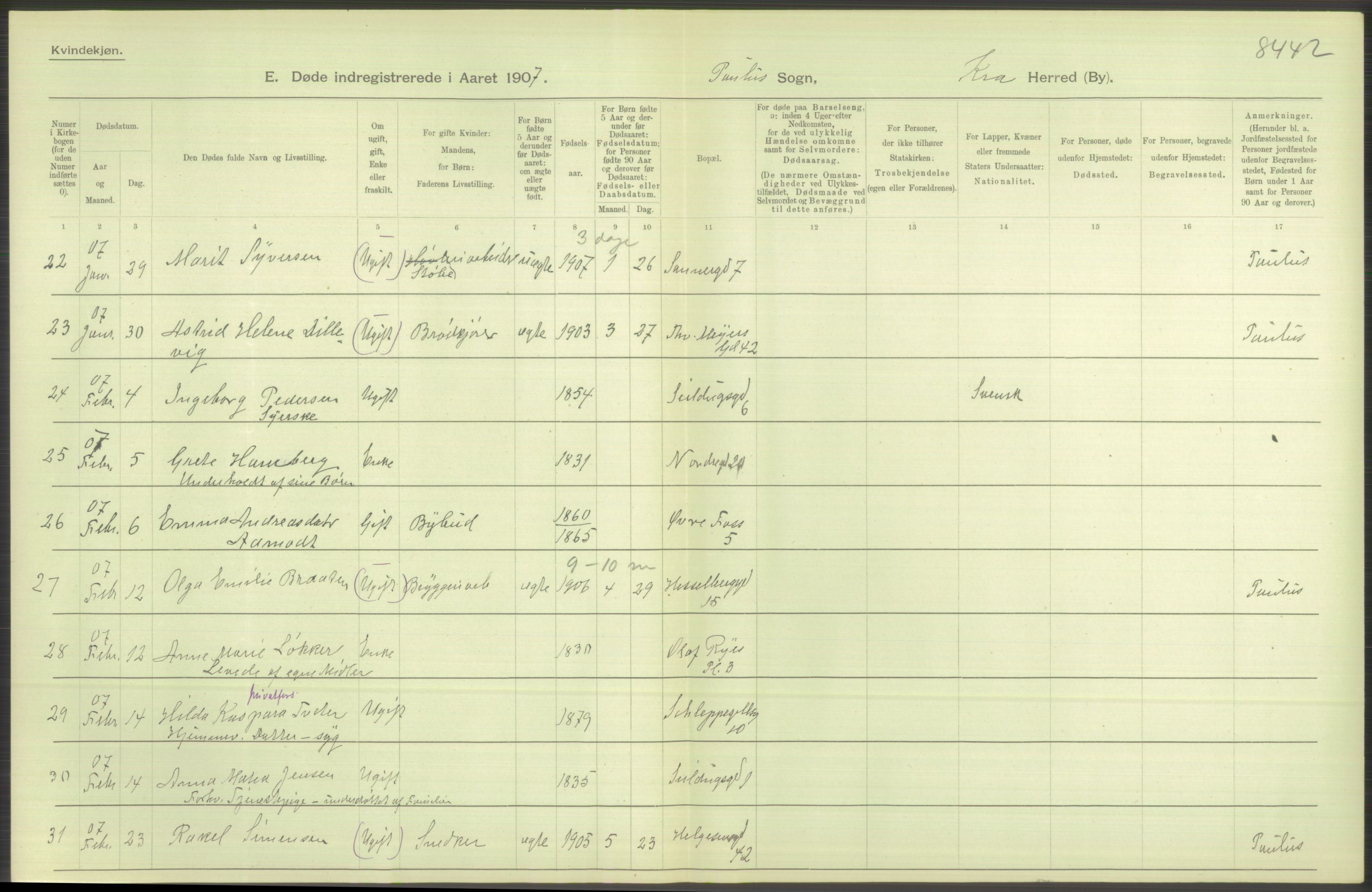 Statistisk sentralbyrå, Sosiodemografiske emner, Befolkning, AV/RA-S-2228/D/Df/Dfa/Dfae/L0009: Kristiania: Døde, 1907, p. 402