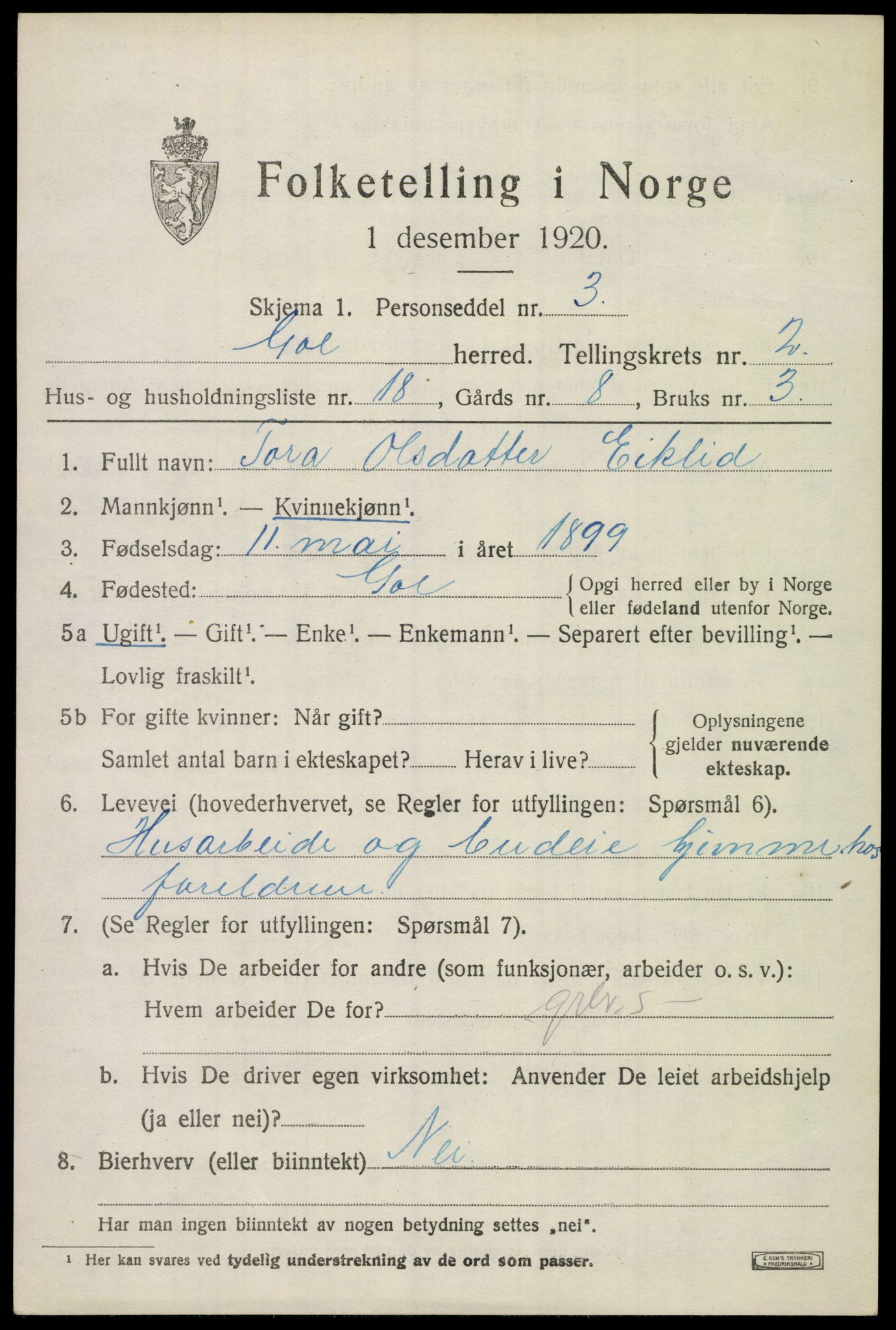 SAKO, 1920 census for Gol, 1920, p. 1472