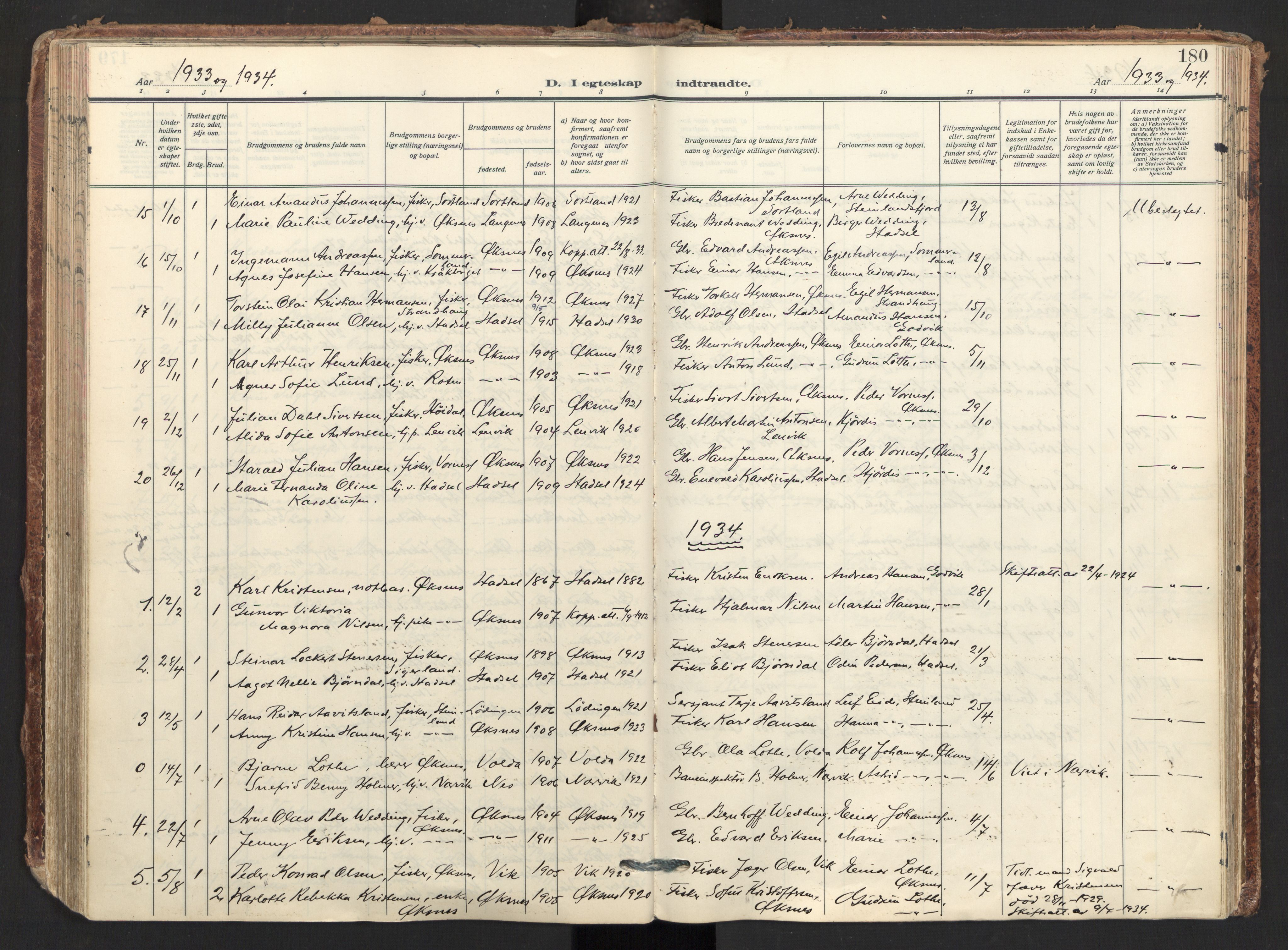 Ministerialprotokoller, klokkerbøker og fødselsregistre - Nordland, AV/SAT-A-1459/893/L1344: Parish register (official) no. 893A16, 1929-1946, p. 180