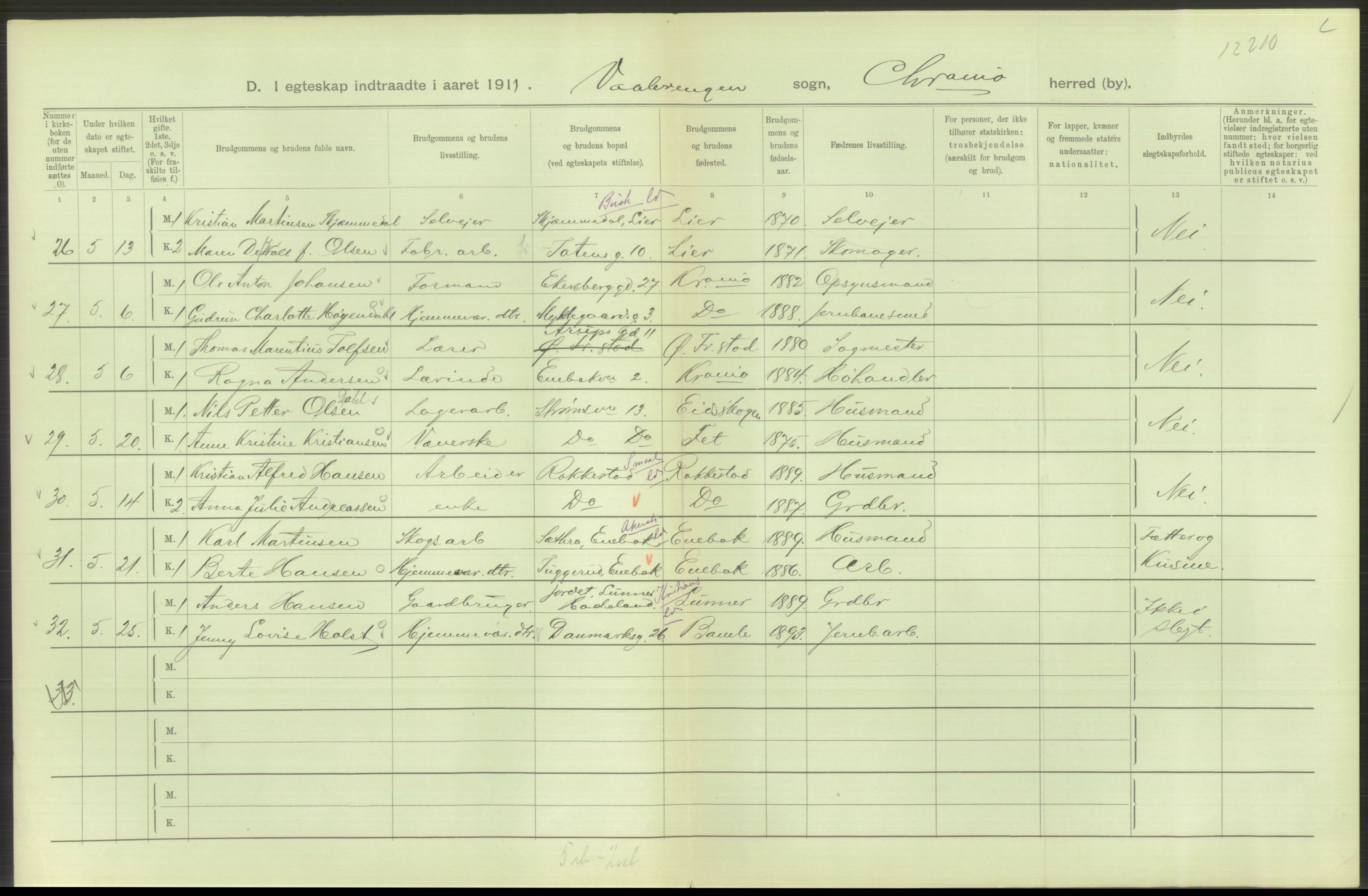 Statistisk sentralbyrå, Sosiodemografiske emner, Befolkning, AV/RA-S-2228/D/Df/Dfb/Dfba/L0008: Kristiania: Gifte, 1911, p. 266