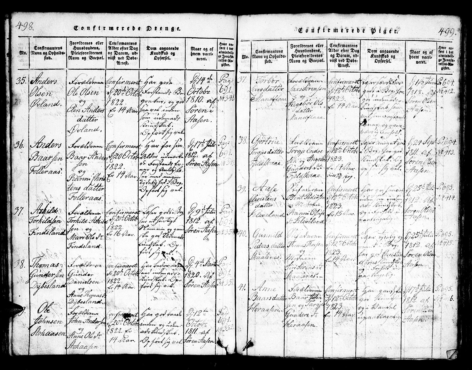 Bjelland sokneprestkontor, SAK/1111-0005/F/Fb/Fbb/L0003: Parish register (copy) no. B 3, 1816-1868, p. 498-499