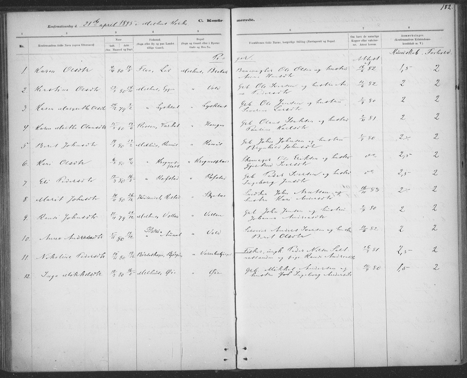 Ministerialprotokoller, klokkerbøker og fødselsregistre - Sør-Trøndelag, AV/SAT-A-1456/691/L1085: Parish register (official) no. 691A17, 1887-1908, p. 182