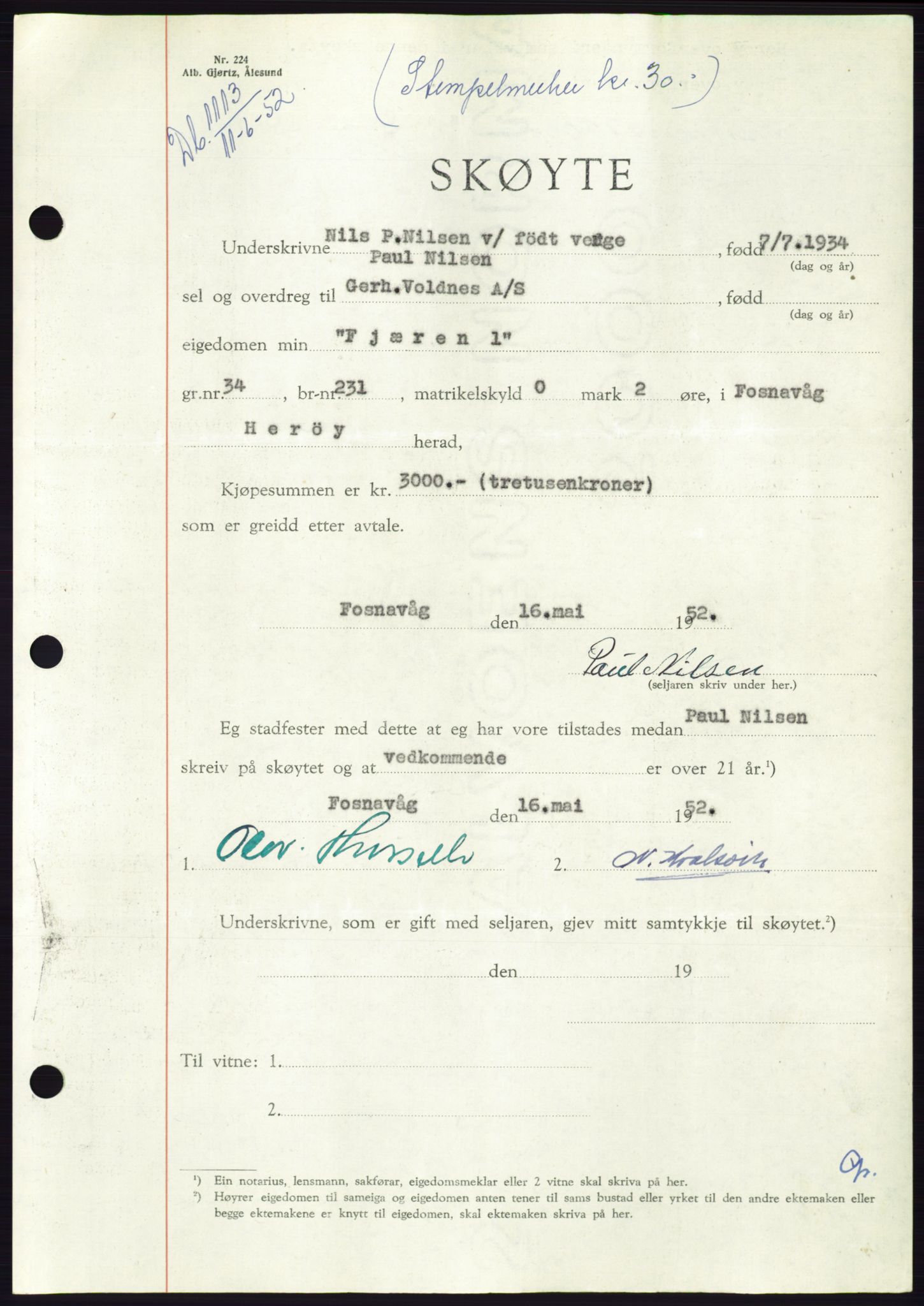 Søre Sunnmøre sorenskriveri, AV/SAT-A-4122/1/2/2C/L0092: Mortgage book no. 18A, 1952-1952, Diary no: : 1113/1952