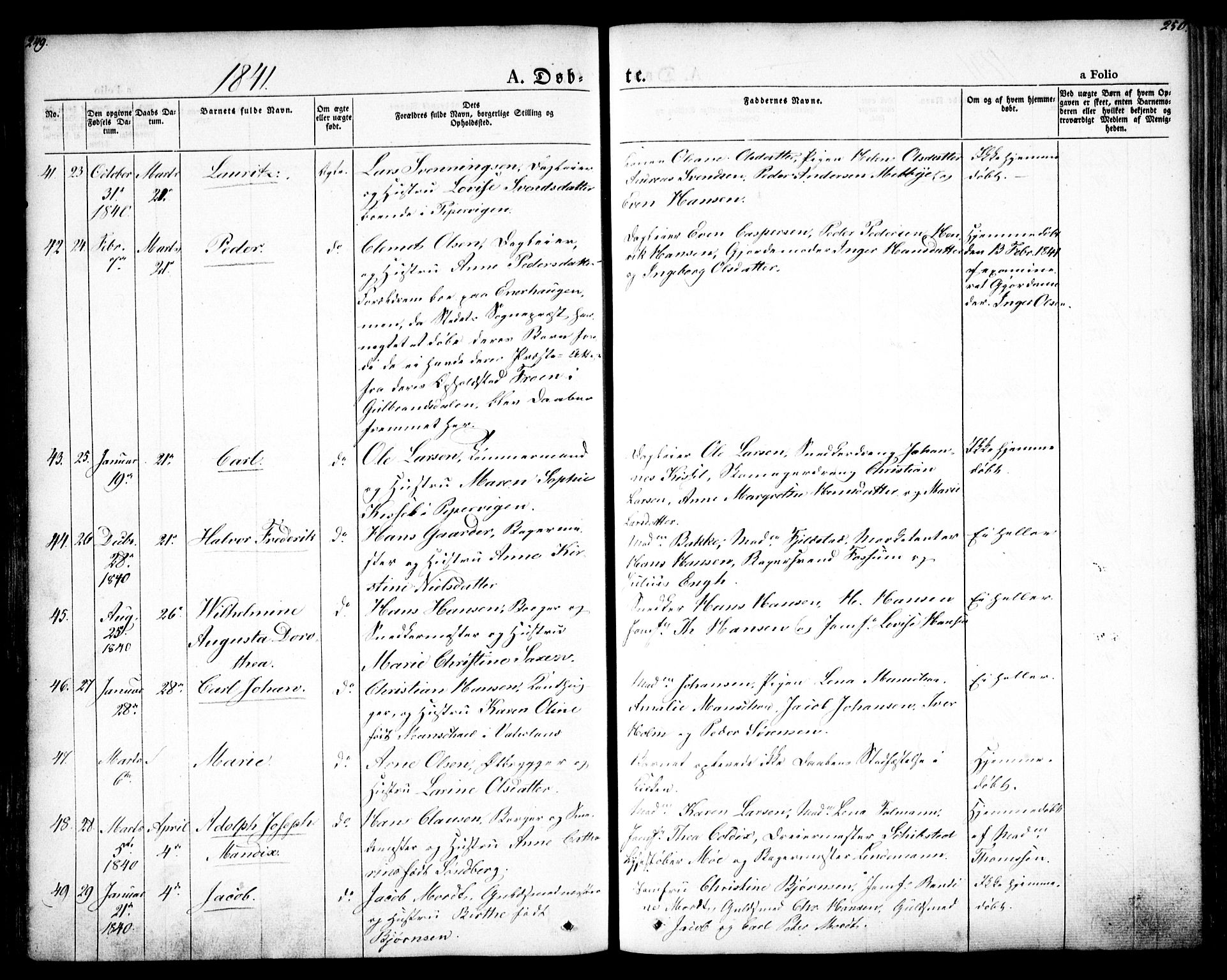 Oslo domkirke Kirkebøker, SAO/A-10752/F/Fa/L0012: Parish register (official) no. 12, 1837-1845, p. 249-250