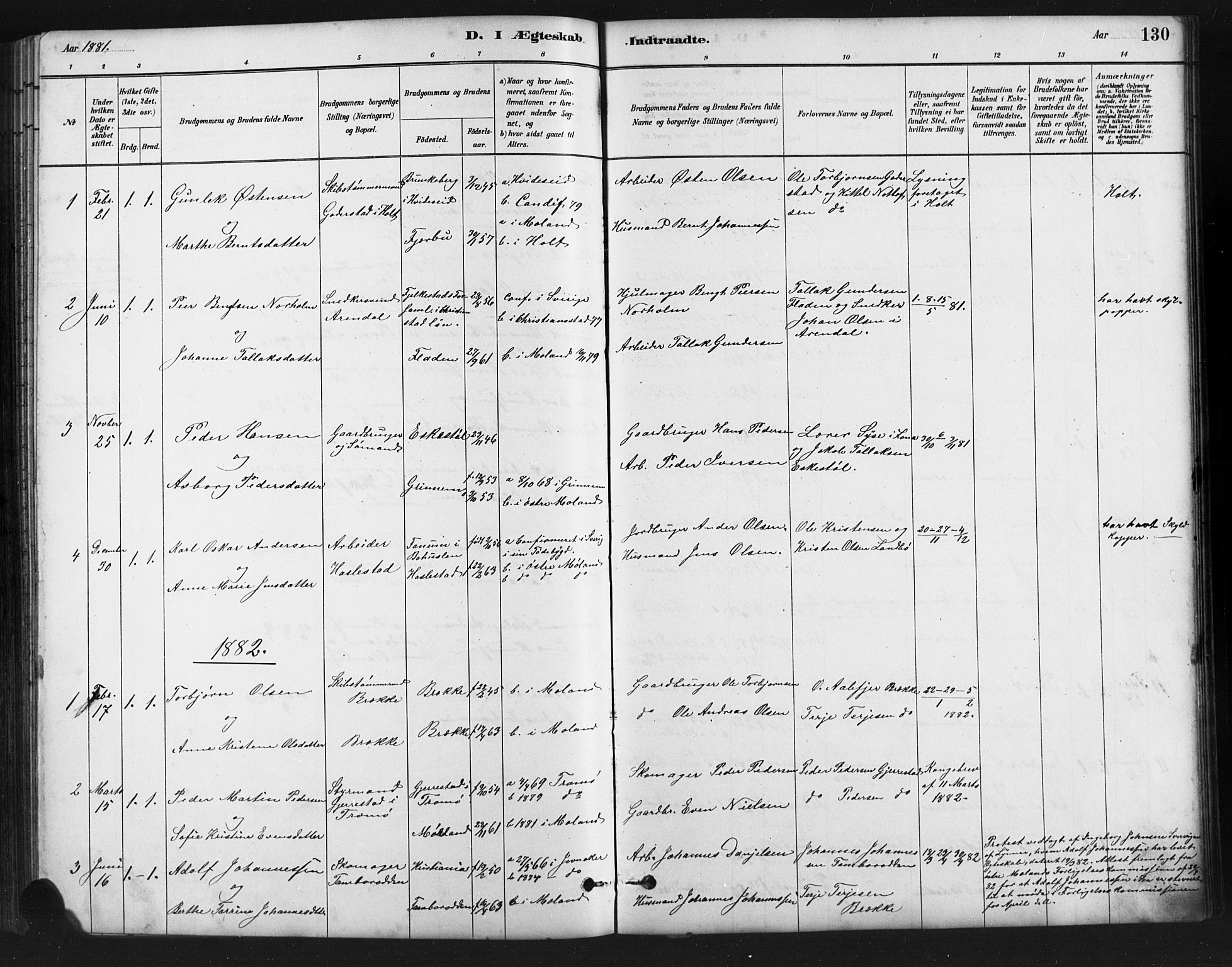 Austre Moland sokneprestkontor, SAK/1111-0001/F/Fb/Fba/L0003: Parish register (copy) no. B 3, 1879-1914, p. 130
