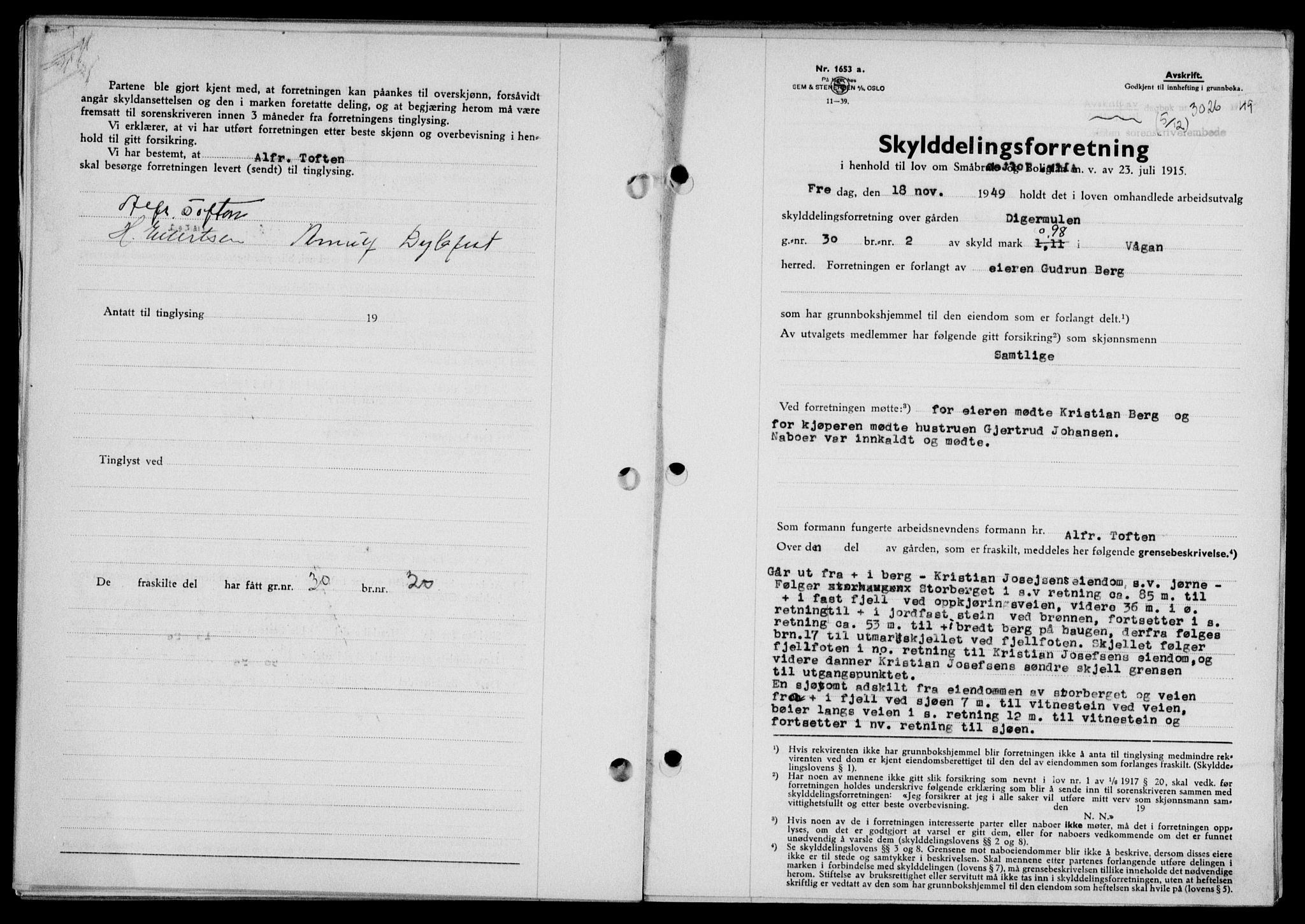 Lofoten sorenskriveri, SAT/A-0017/1/2/2C/L0022a: Mortgage book no. 22a, 1949-1950, Diary no: : 3026/1949