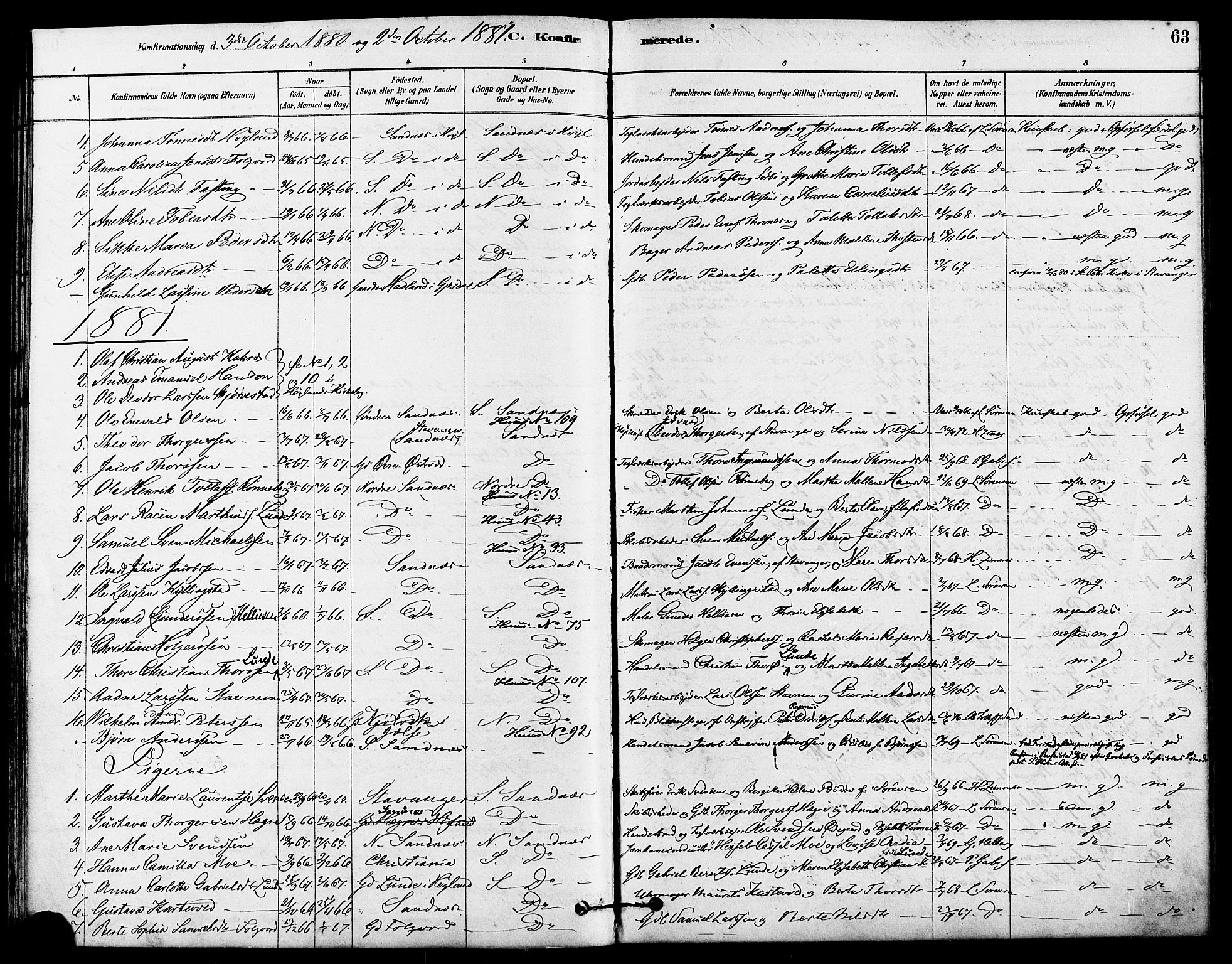 Høyland sokneprestkontor, AV/SAST-A-101799/001/30BA/L0012: Parish register (official) no. A 11, 1878-1889, p. 63