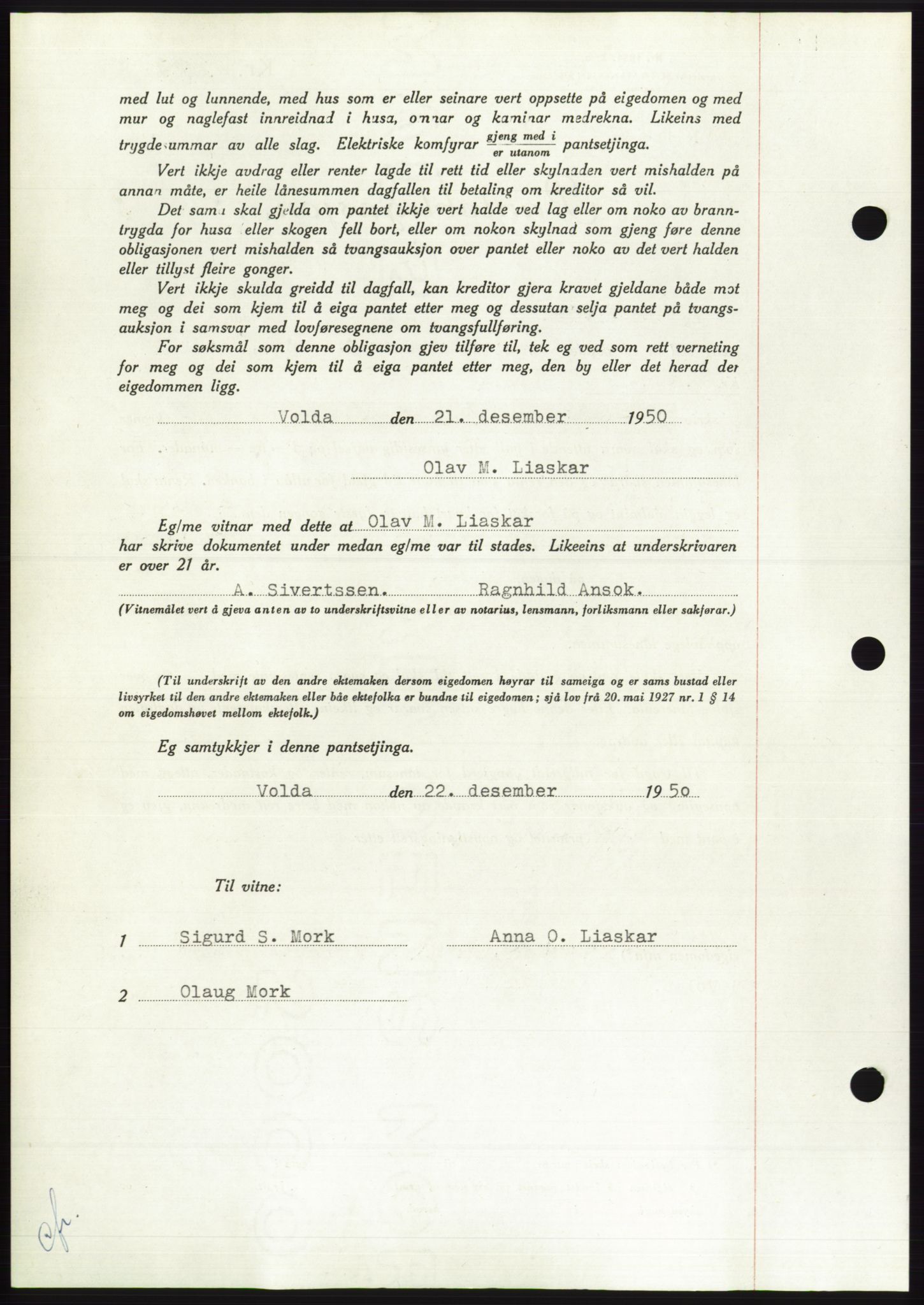 Søre Sunnmøre sorenskriveri, AV/SAT-A-4122/1/2/2C/L0119: Mortgage book no. 7B, 1950-1951, Diary no: : 154/1951