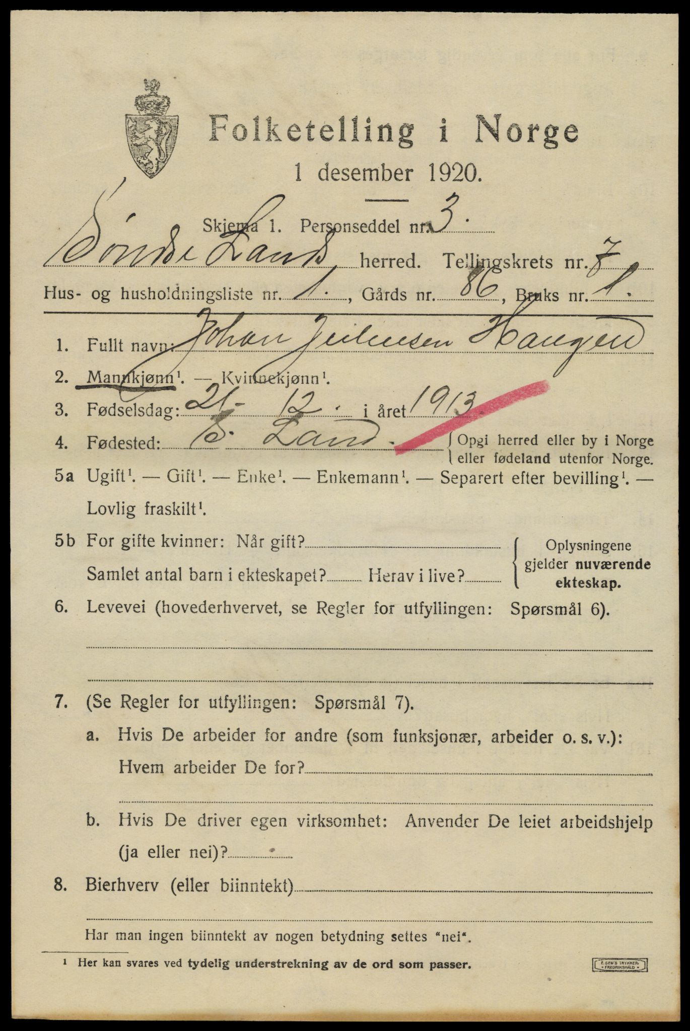 SAH, 1920 census for Søndre Land, 1920, p. 6901