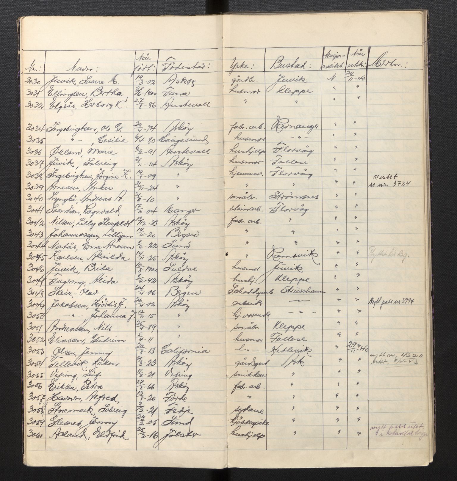 Lensmannen i Askøy, AV/SAB-A-31001/0026/L0002: Protokoll for søknader om grensebuarbevis 2966 - 4361, 1940-1943