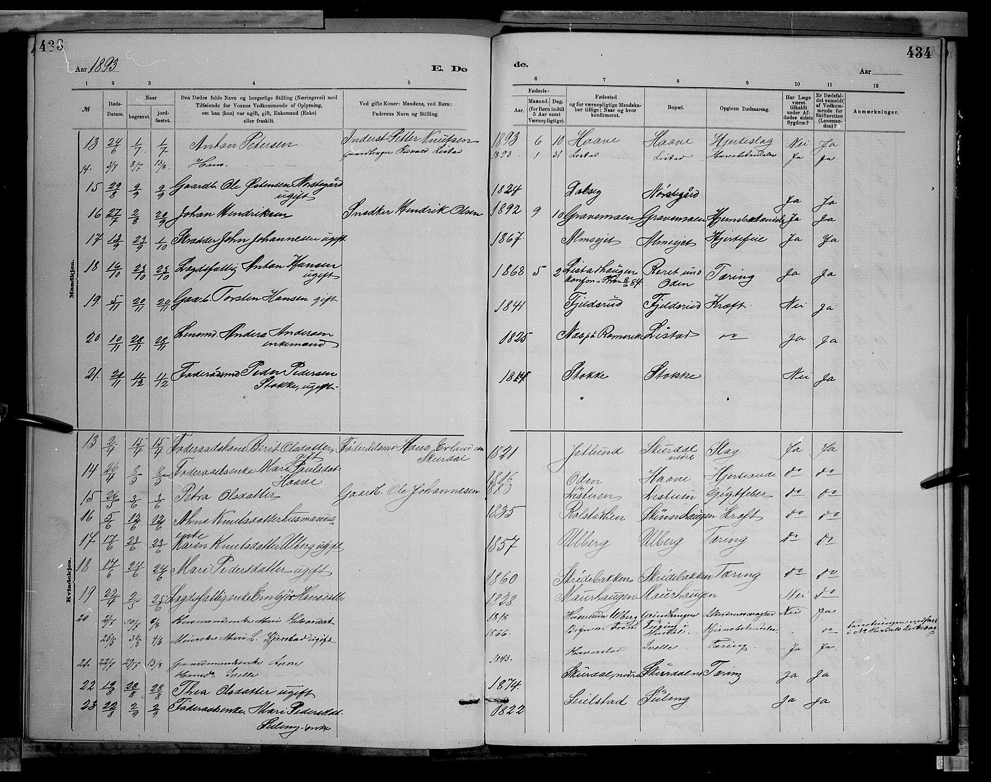 Sør-Fron prestekontor, SAH/PREST-010/H/Ha/Hab/L0003: Parish register (copy) no. 3, 1884-1896, p. 433-434