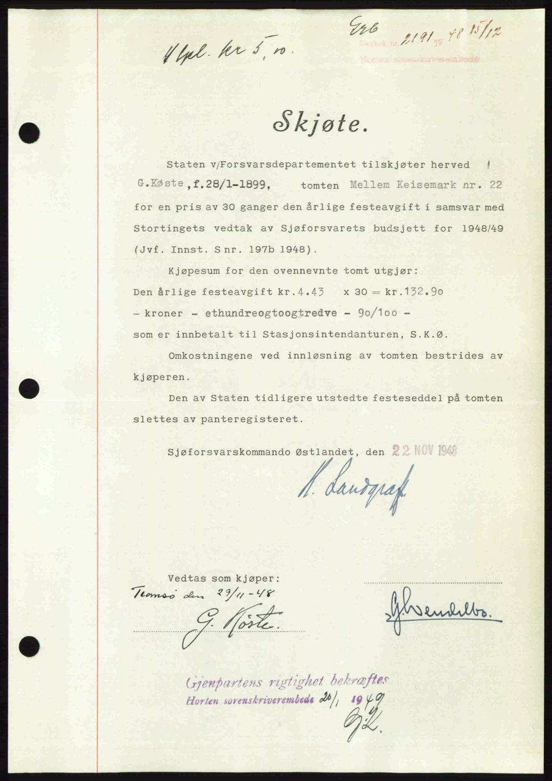 Horten sorenskriveri, AV/SAKO-A-133/G/Ga/Gaa/L0011: Mortgage book no. A-11, 1948-1948, Diary no: : 2191/1948