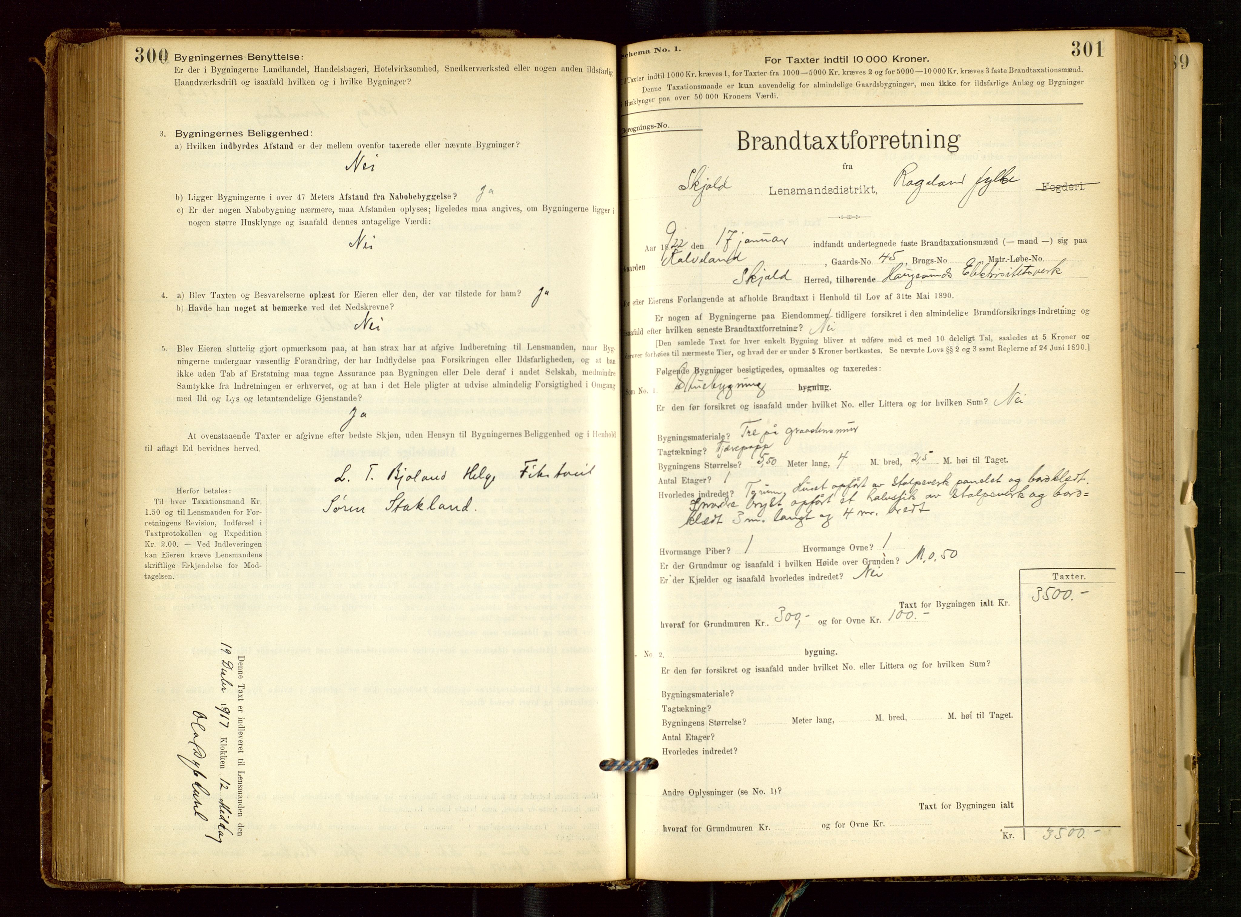 Skjold lensmannskontor, SAST/A-100182/Gob/L0001: "Brandtaxationsprotokol for Skjold Lensmandsdistrikt Ryfylke Fogderi", 1894-1939, p. 300-301