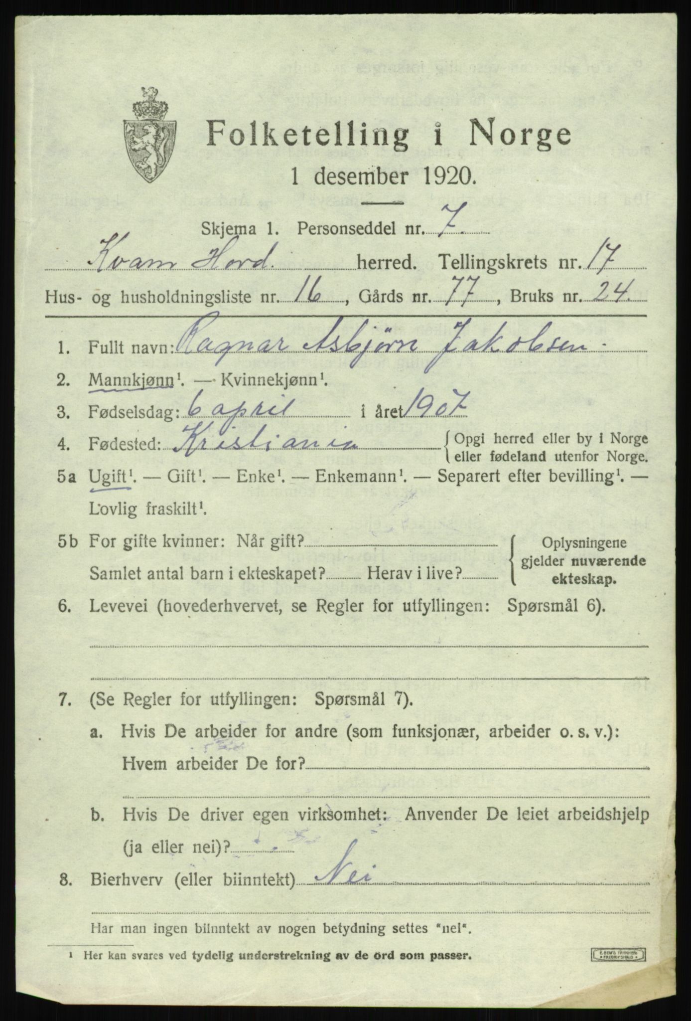 SAB, 1920 census for Kvam, 1920, p. 9469