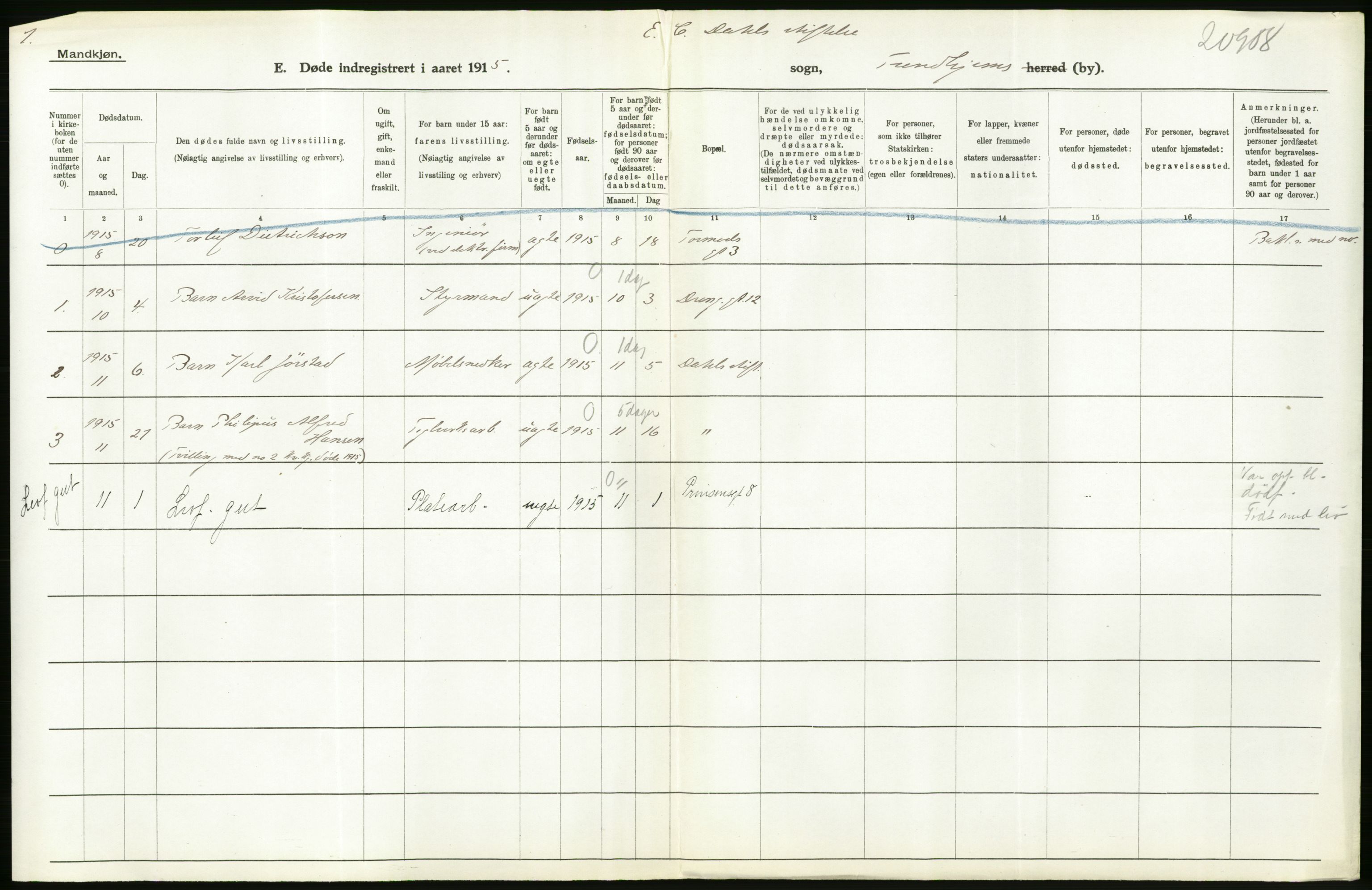 Statistisk sentralbyrå, Sosiodemografiske emner, Befolkning, RA/S-2228/D/Df/Dfb/Dfbe/L0044: Trondhjem: Gifte, døde, dødfødte., 1915, p. 278