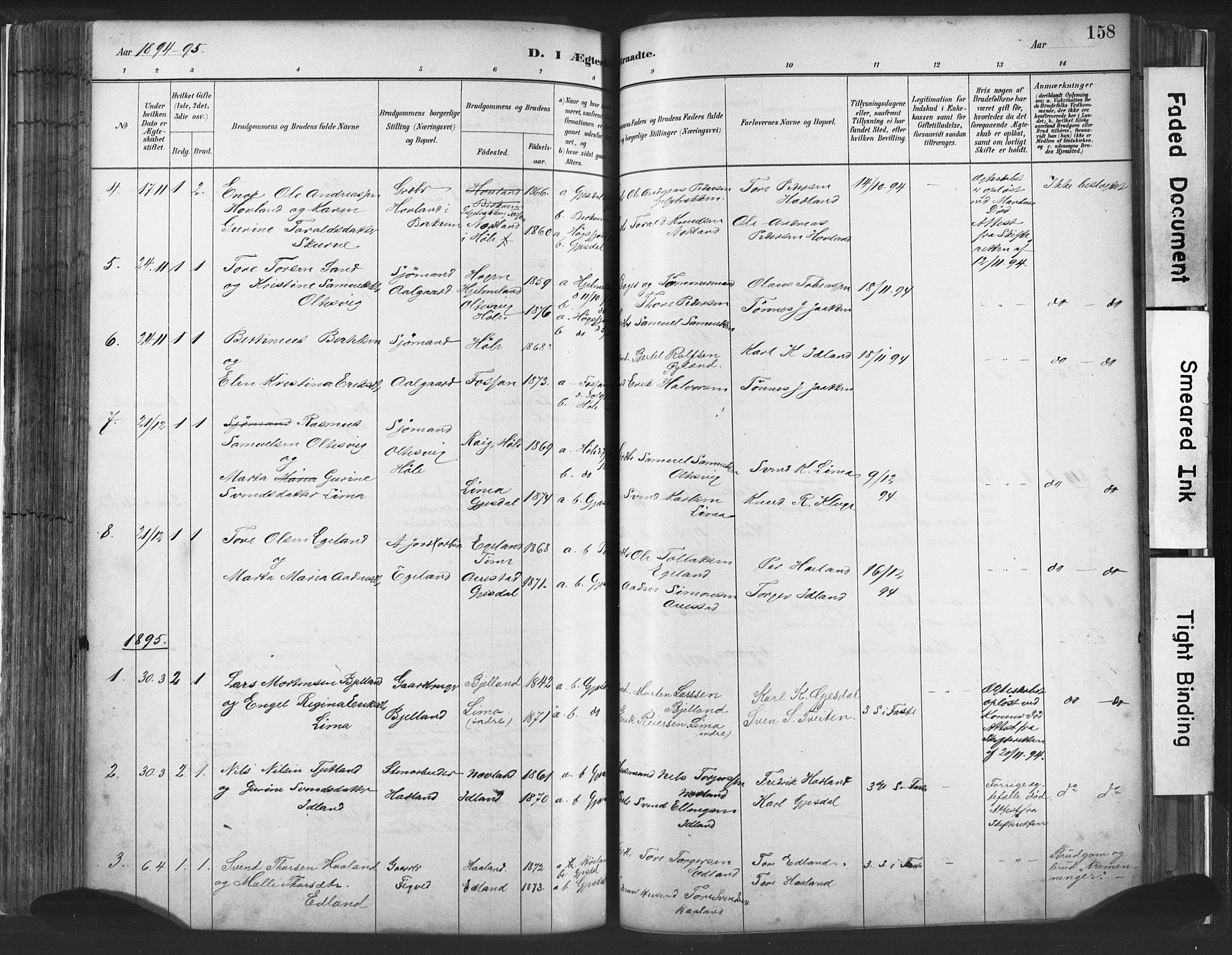 Lye sokneprestkontor, SAST/A-101794/001/30BA/L0010: Parish register (official) no. A 10, 1881-1896, p. 158