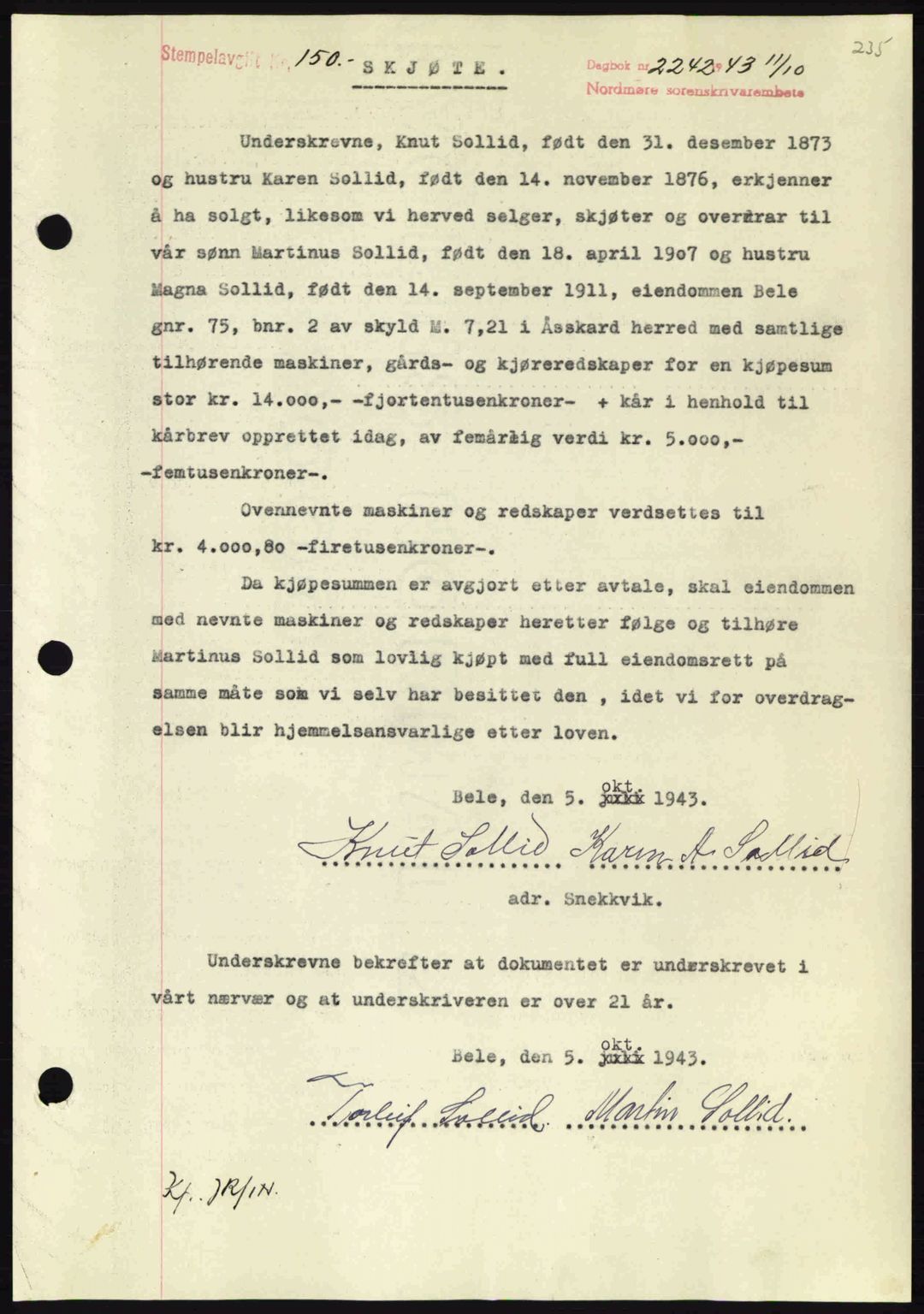 Nordmøre sorenskriveri, SAT/A-4132/1/2/2Ca: Mortgage book no. A96, 1943-1944, Diary no: : 2242/1943