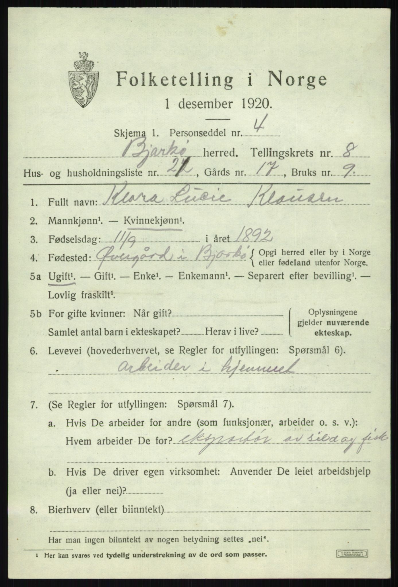 SATØ, 1920 census for Bjarkøy, 1920, p. 3659