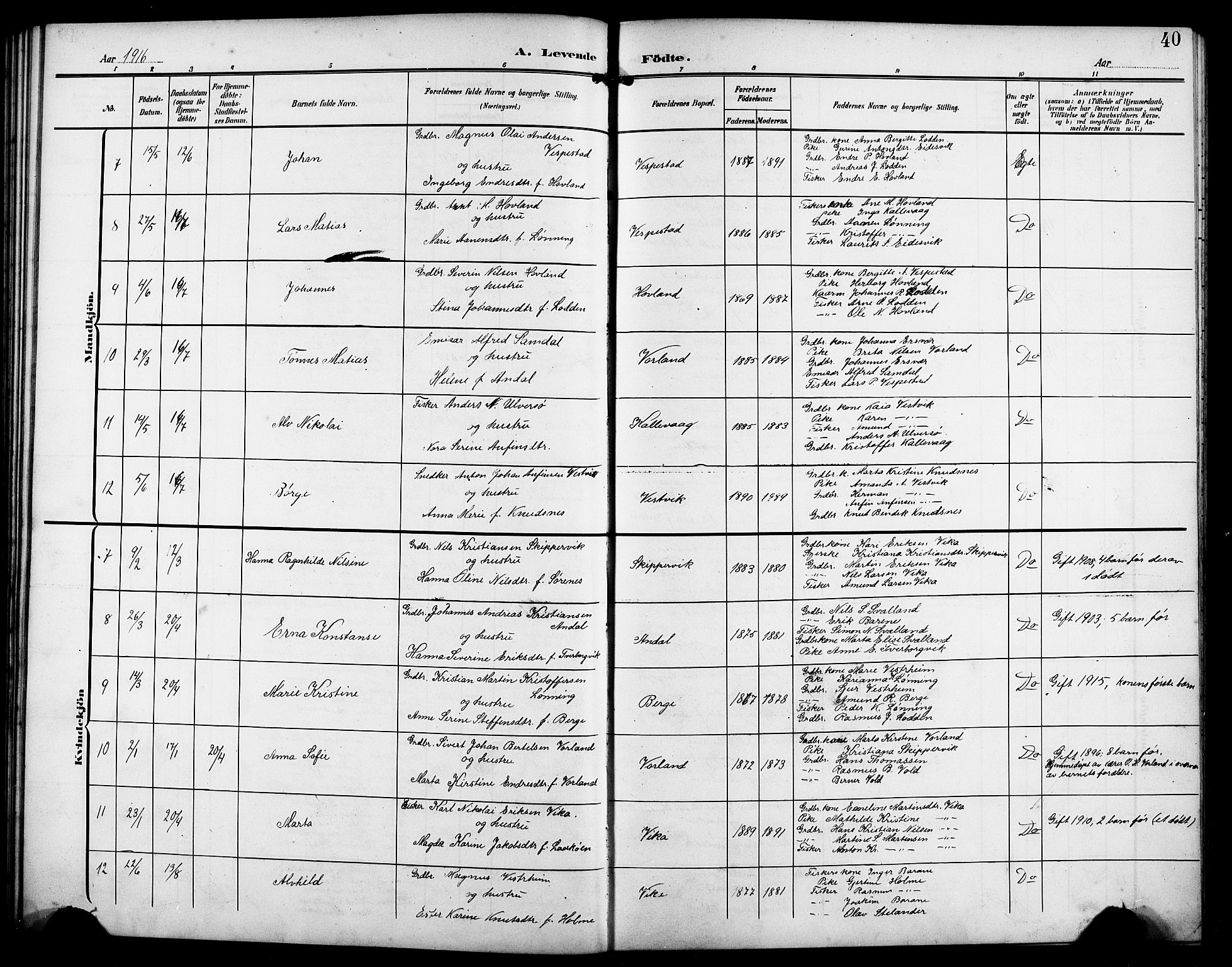 Finnås sokneprestembete, AV/SAB-A-99925/H/Ha/Hab/Habc/L0003: Parish register (copy) no. C 3, 1907-1917, p. 40