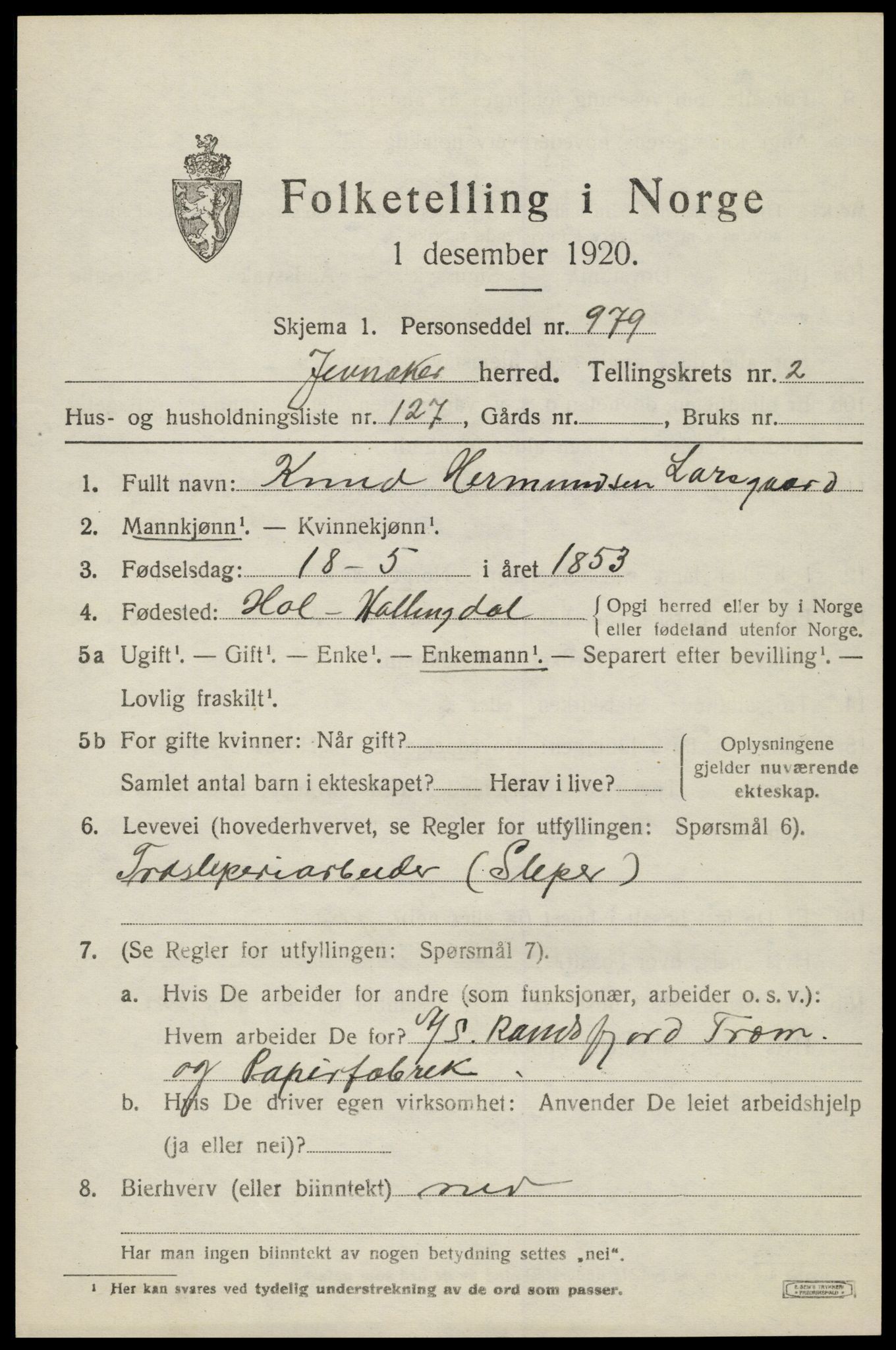 SAH, 1920 census for Jevnaker, 1920, p. 3357