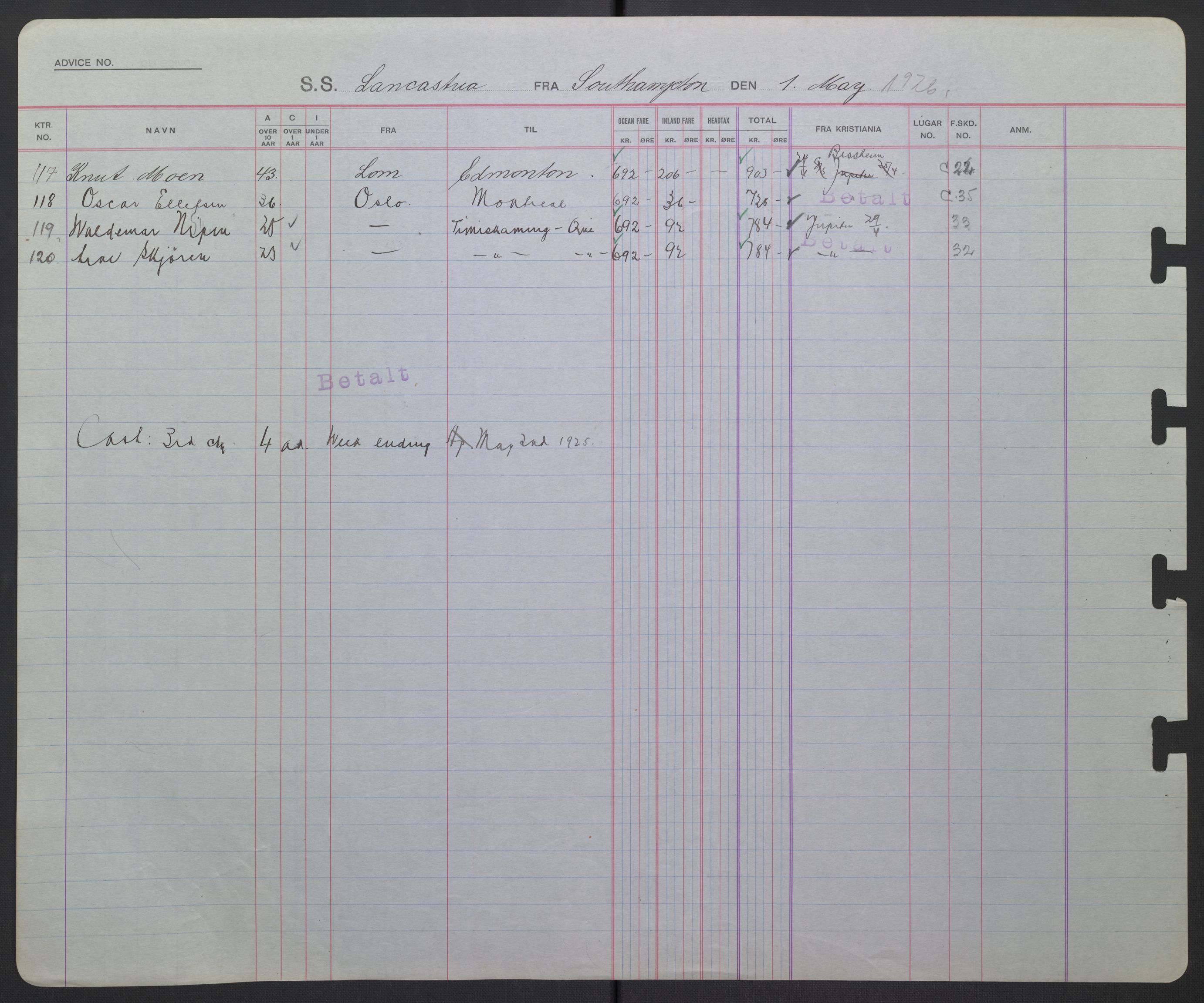 White Star-linjen, AV/SAO-PAO-0201/D/Db/L0003: Passasjerlister, 1924-1938, p. 211