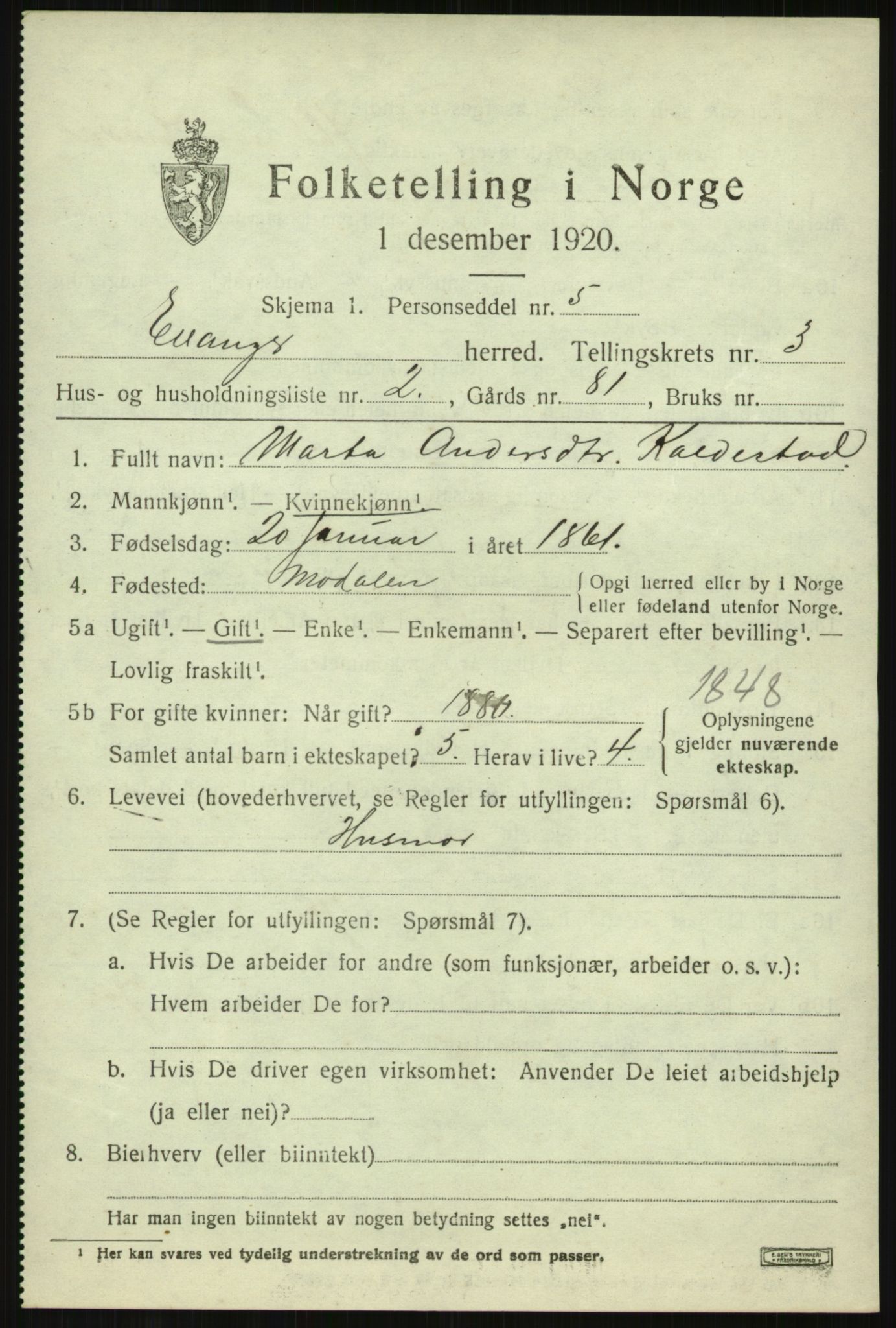 SAB, 1920 census for Evanger, 1920, p. 1043