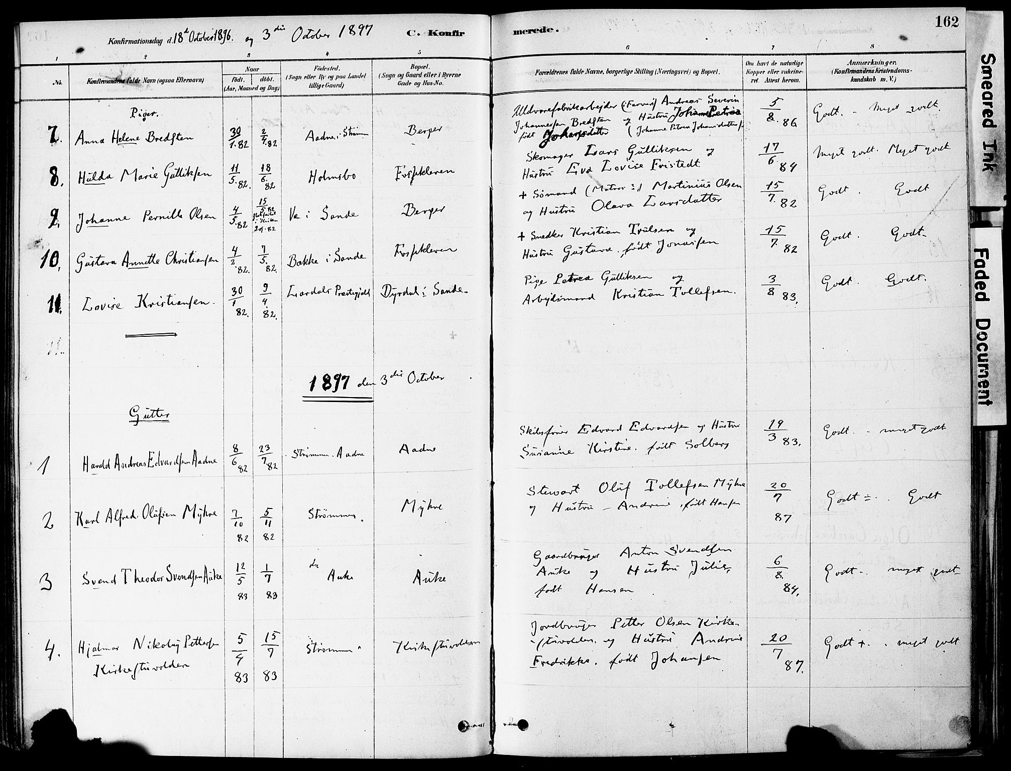 Strømm kirkebøker, AV/SAKO-A-322/F/Fa/L0004: Parish register (official) no. I 4, 1878-1899, p. 162